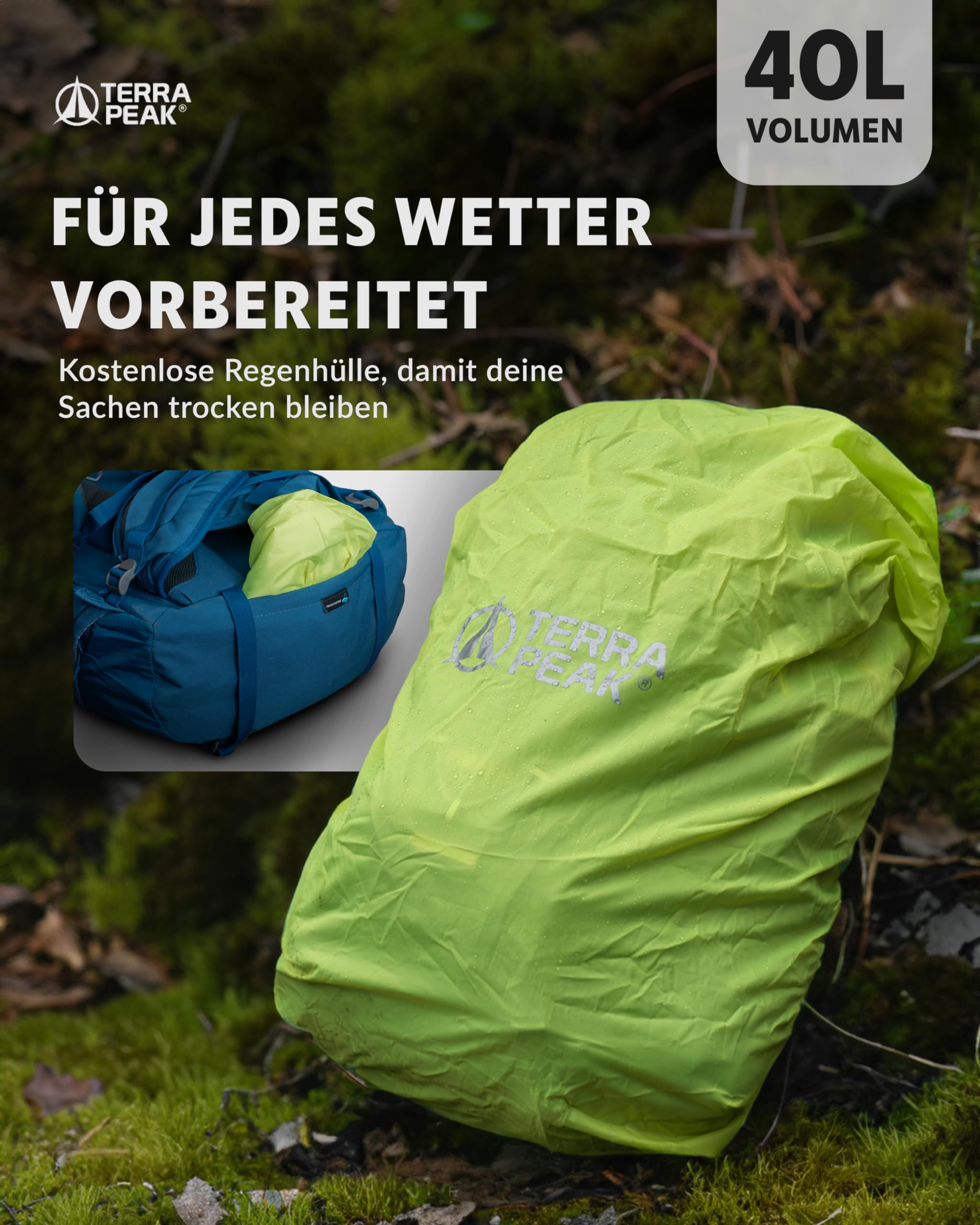 Terra Peak® Premium Wanderrucksack 40L (FLEX 40) für Damen & Herren groß mit Rückenbelüftung, Regenschutz & Trinksystem-Halterung - Ergonomischer Trekkingrucksack atmungsaktivem 3D Air Mesh & Hüftgurt