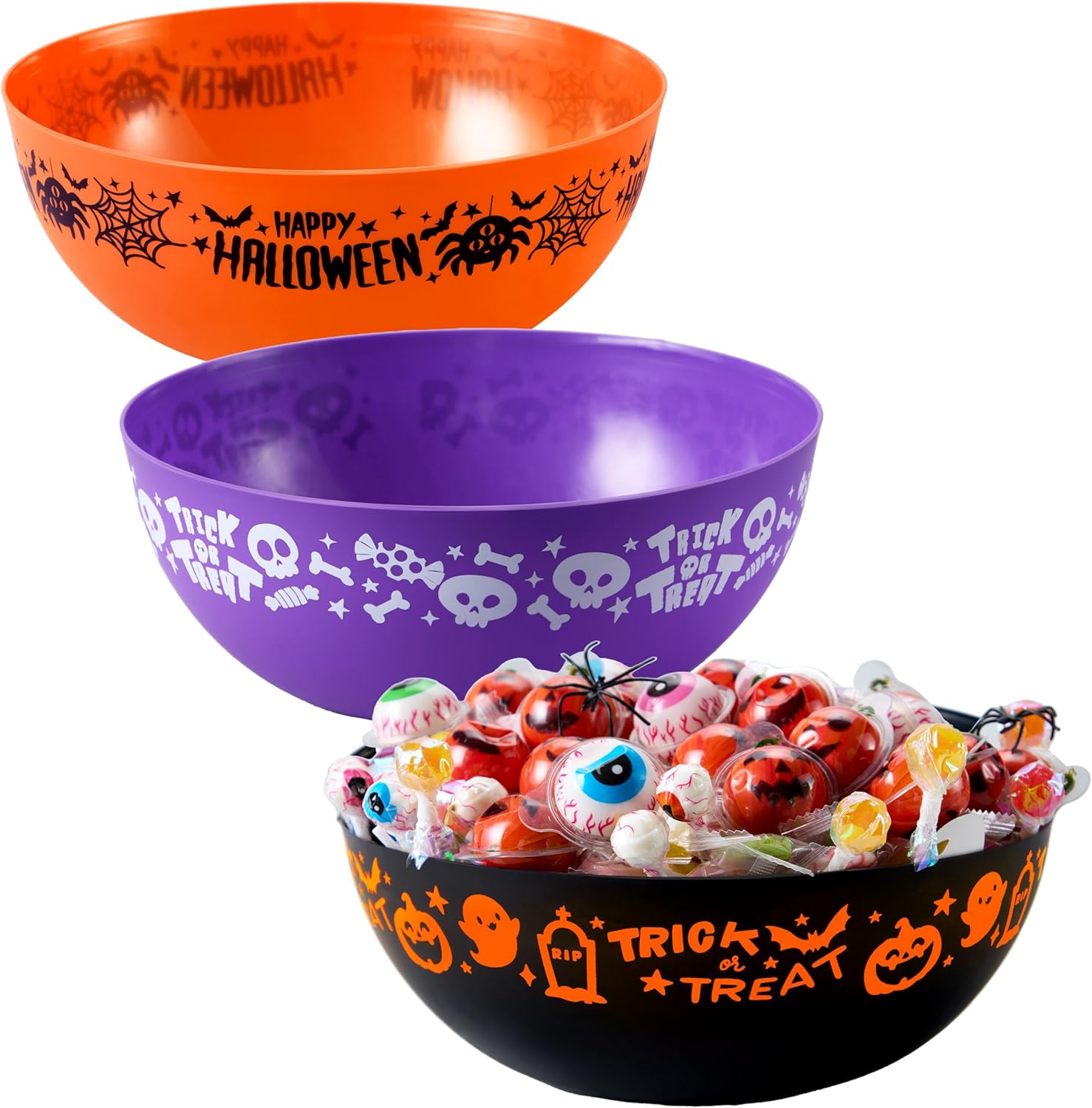 JOYIN 3 PCS Halloween Candy Bowls, 9.6" * 4.4" Trick or Treat Bowls, Plastic Orange Halloween Serving Dish, Purple Witch Cup, Black Pumpkin Candy Holder for Kids Party Favor Supplies, Table Decor