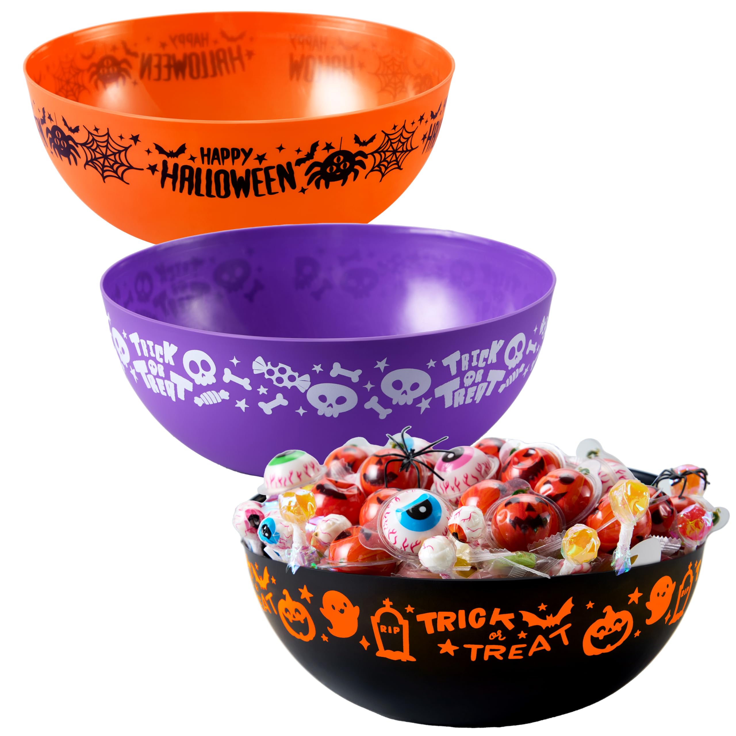 JOYIN 3PCS Halloween Candy Bowls, 9.6" Trick or Treat Bowls, Large Plastic Orange Halloween Serving Bowl, Purple Witch Bowl, Black Pumpkin Candy Holder Dish for Kids Party Favor Supplies, Table Decor