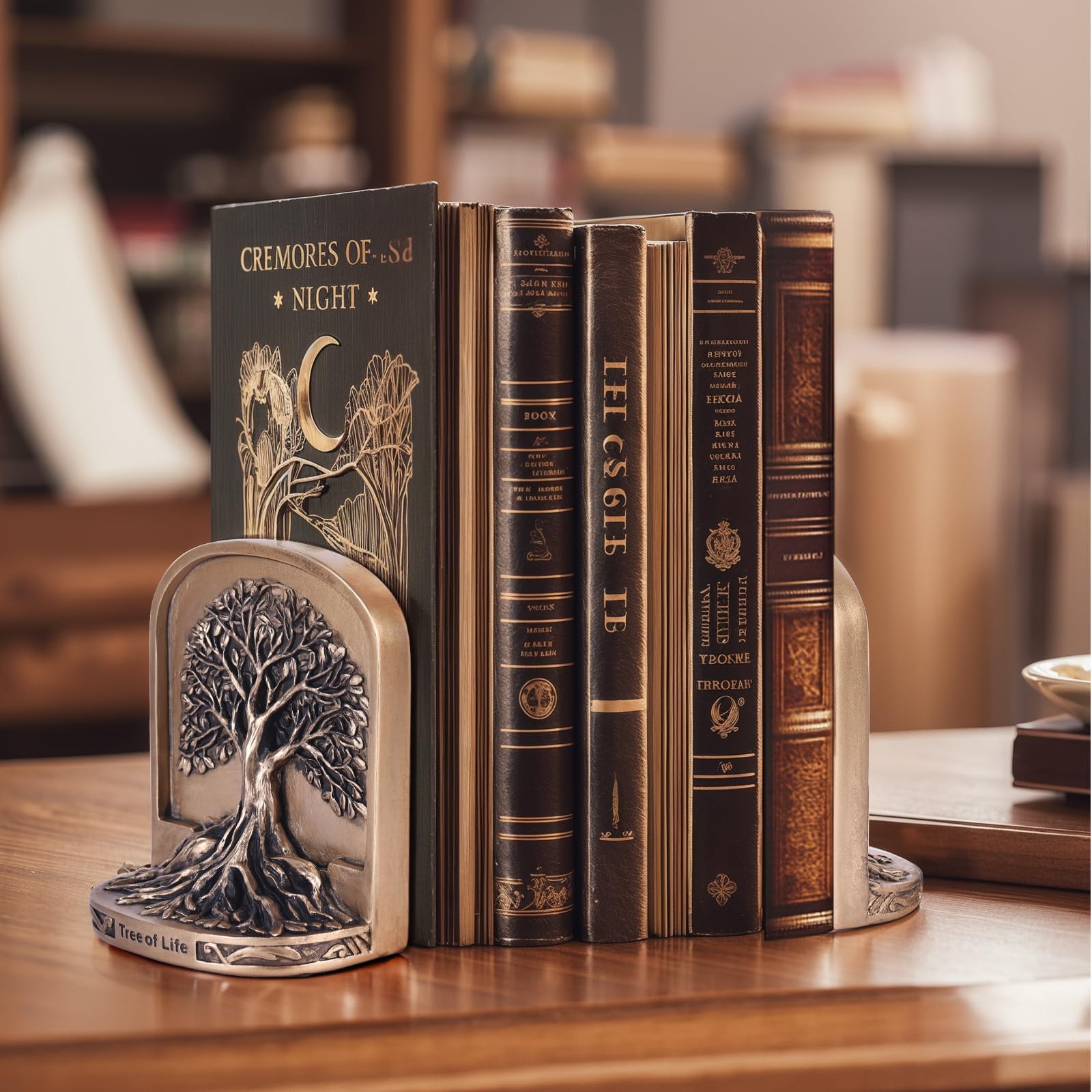 Set di 2 fermalibri decorativi con albero della vita, color bronzo antico, per scaffali o librerie, resistenti e antiscivolo, per mensole da scrivania, biblioteche e ufficio, regalo per la casa