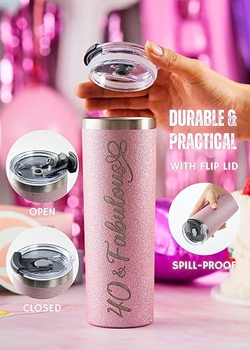 Miniatura 4 de Onebttl Regalos de cumpleaños número 40 para mujeres, mujeres, ella, 40 y fabuloso, vaso aislado de acero inoxidable con purpurina de 20 onzas  20.0