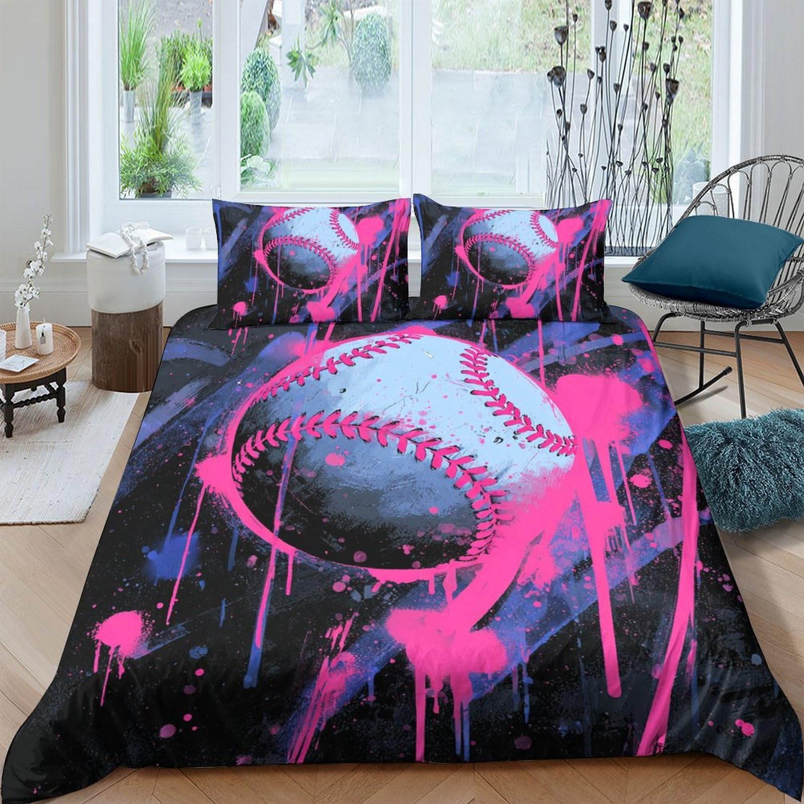 Ctjqhvkz Style-8 3D Printed Graffiti Baseball Fitted Sheet Microfiber Soft Washable Pink Splash Mattress Cover For Bedroom Dorm Decor Single（135X200cm）