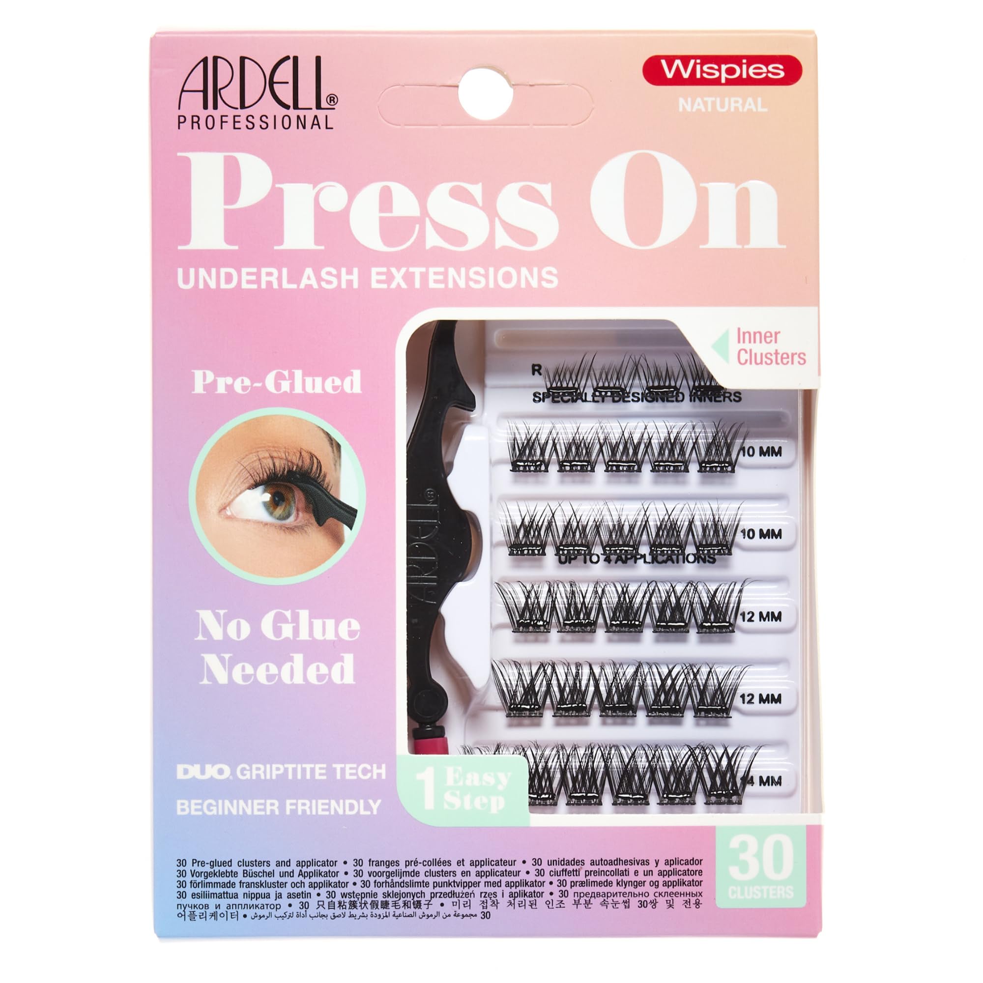 Press On Pre-Glued Eyelash Extension with Applicator - Wispies Natural, Customizable DIY Lash Clusters, Beginner Friendly Individual Lashes, 30 Count