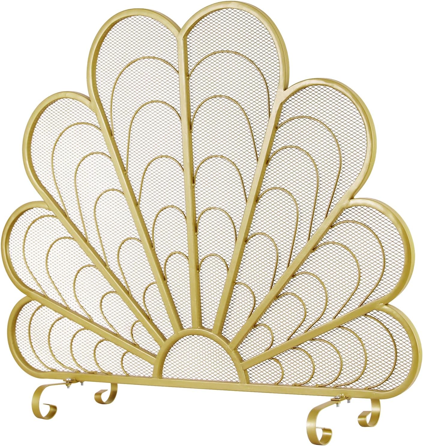 MyGift 38 x 32 Inch Peacock Feather Shaped Brass-Tone Metal Fireplace Screen on Elevated Curved Legs, Freestanding Decorative Mesh Fire Spark Guard Protector Cover