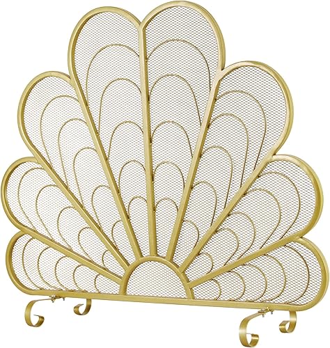 MyGift Pantalla de chimenea de metal con forma de plumas de pavo real de 38 x 32 pulgadas en forma de plumas de pavo real en patas curvas elevadas,