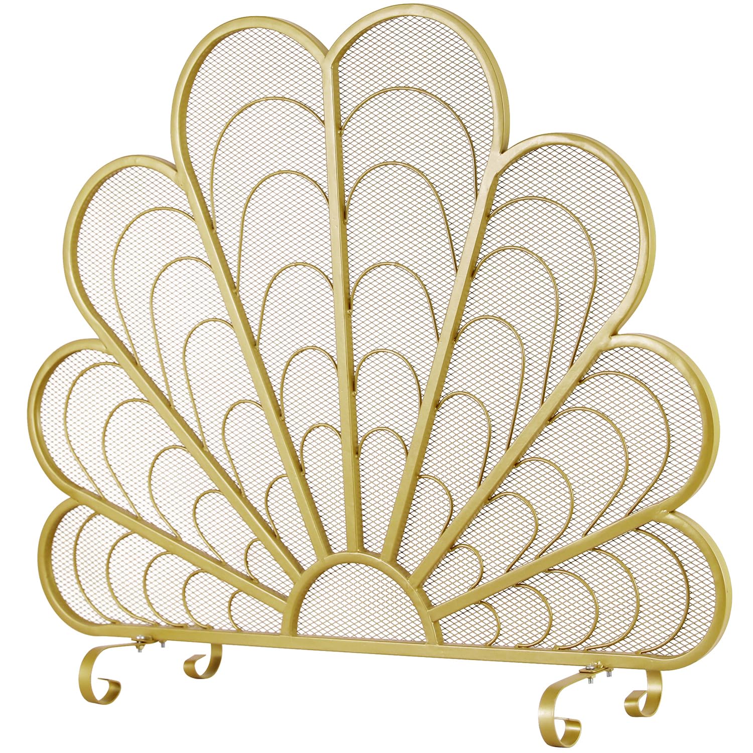 MyGift Peacock Feather Brass-Tone Fireplace Screen