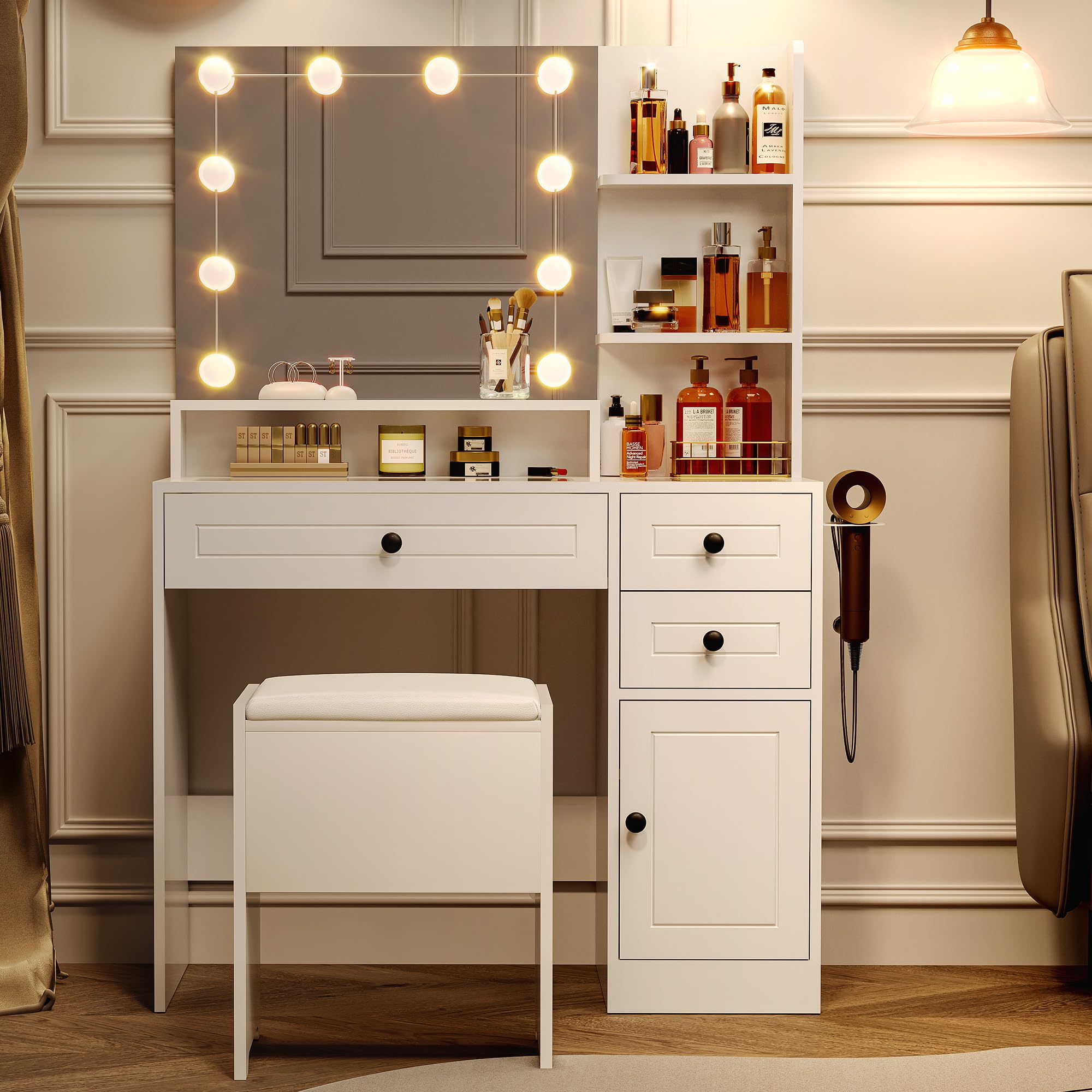 AHB 37" Makeup Vanity Desk with Lighted Mirror and Stool, Glass Top Makeup Table with Drawers, Storage Cabinet and Shelves, Vanity Set 3 Colors, Brightness Adjustable Lighting for Bedroom Studio