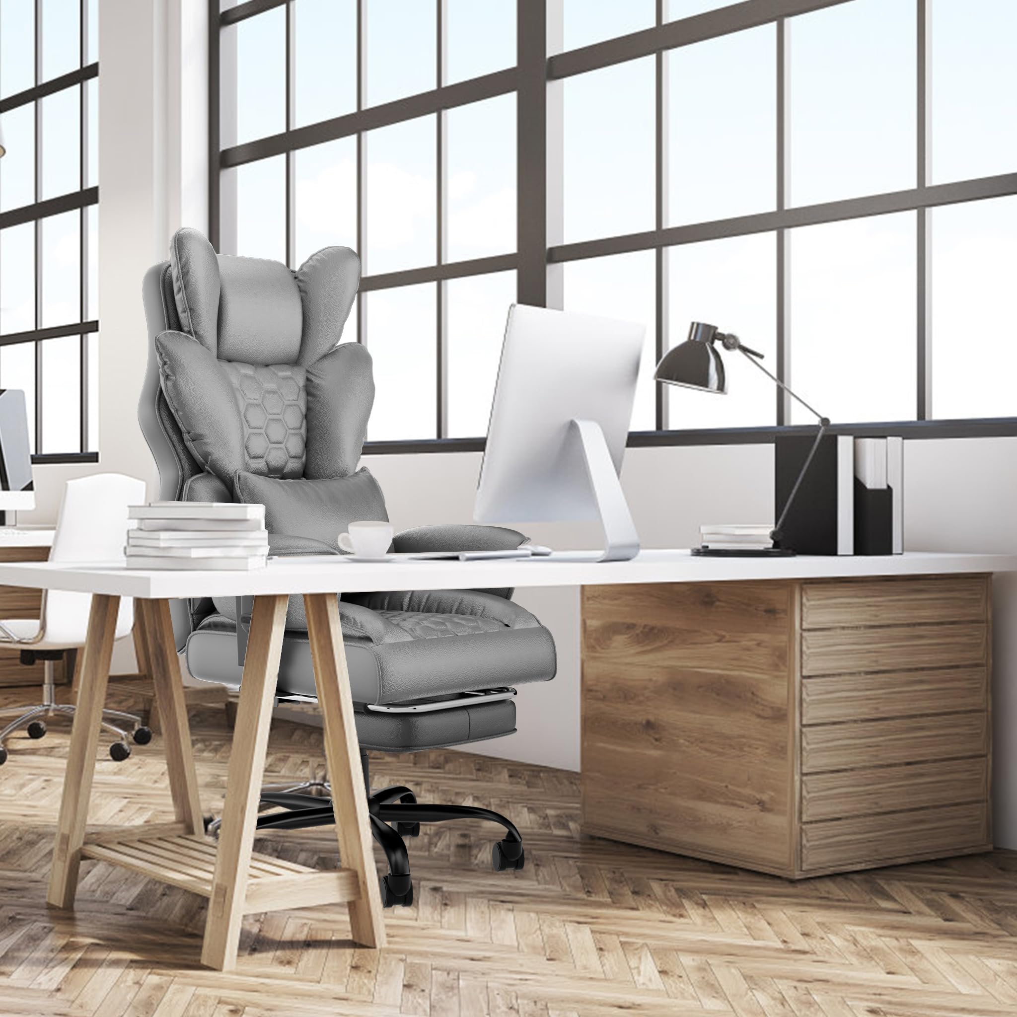 AufuN Bürostuhl Ergonomischer mit hoher Rückenlehne, Chefsessel mit Fußstütze, PU Leder Großer Bürostuhl Drehstuhl mit Rollen, Chefdrehstuhl mit gepolsterten Armlehnen für Zuhause und Büro (Grau)