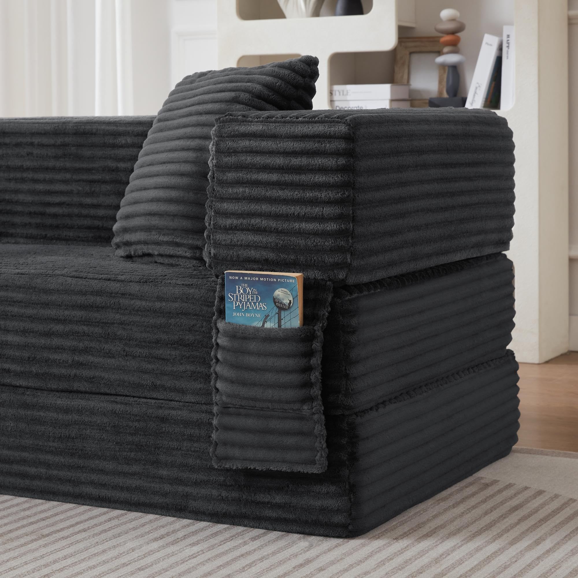 Canapé Convertible 3 Places, Canapé Lit Multifonctionnel Moderne, Canape Compressé et 2 Coussins Rambarde avec Poche de Rangement, pour Salon, Chambre