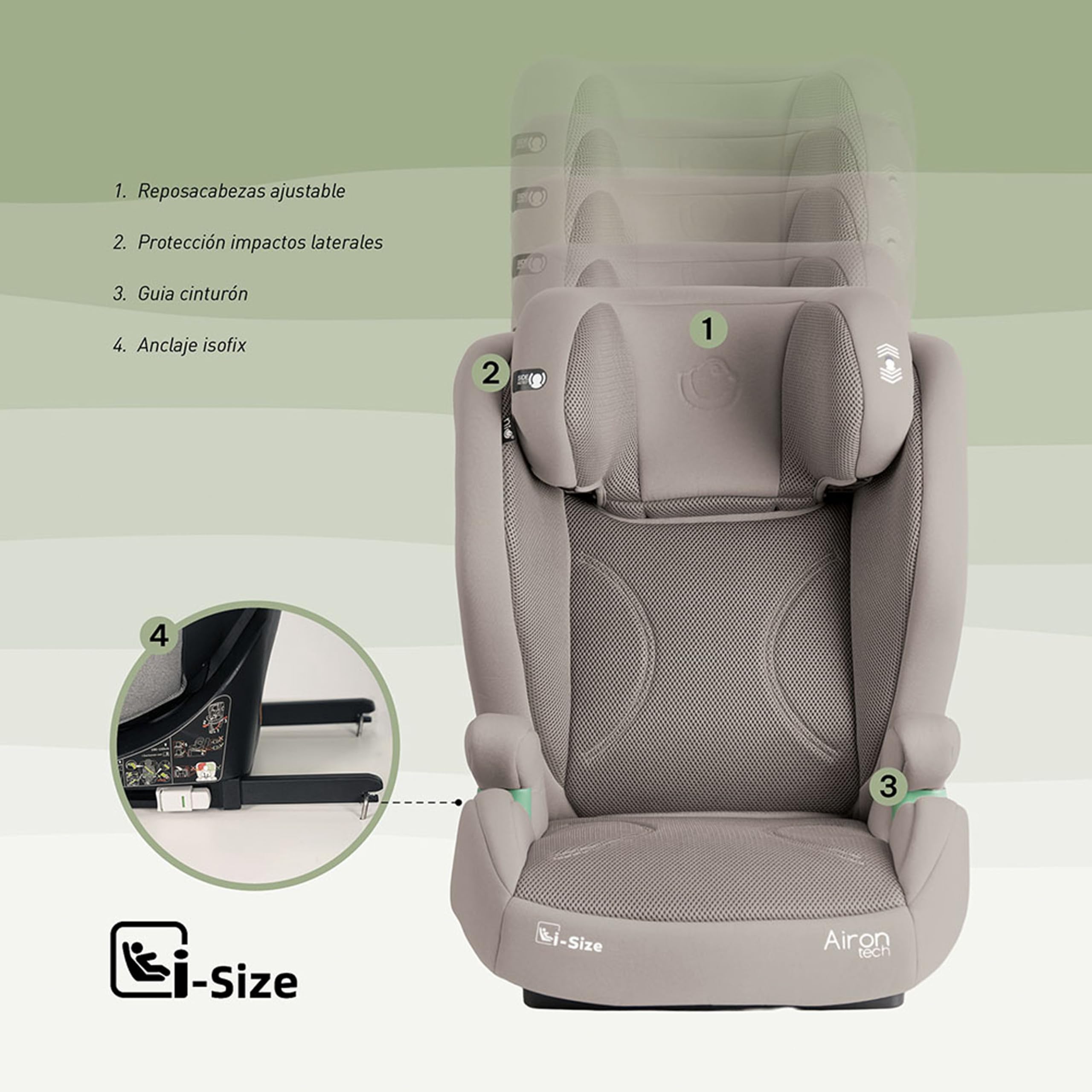 Olmitos AIRON TECH Silla de Coche i-Size 100-150 cm con ISOFIX Integrado, Asiento Infantil Reclinable, Reposacabezas Ajustable, Protección Lateral, Tejido Transpirable 3D, Respaldo ExtraíblE (Beige)