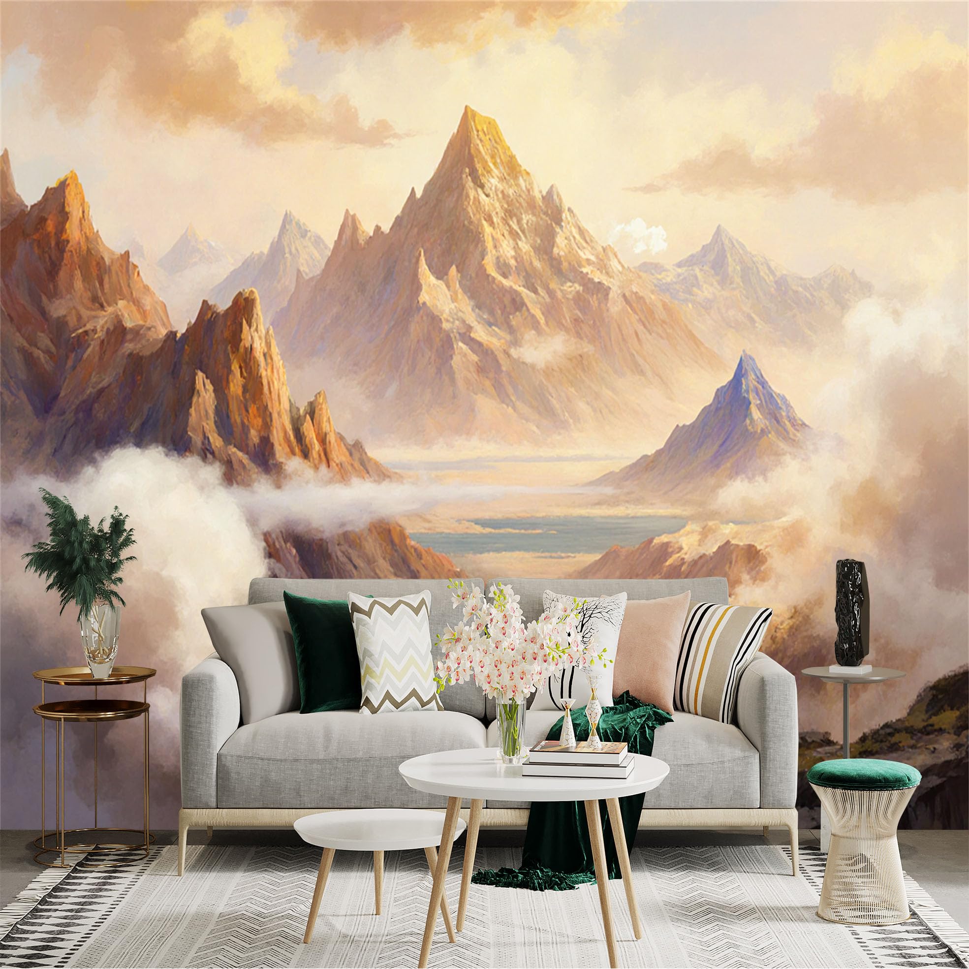 Lnzczhyre Xc260505409 Custom Size Wall Sticker Mural， Majestic Golden Mountains， Misty Valley Landscape， Serene Peak Scenery， Artistic Nature View， For Wall Decoration， Peelandstick Wall Decals.