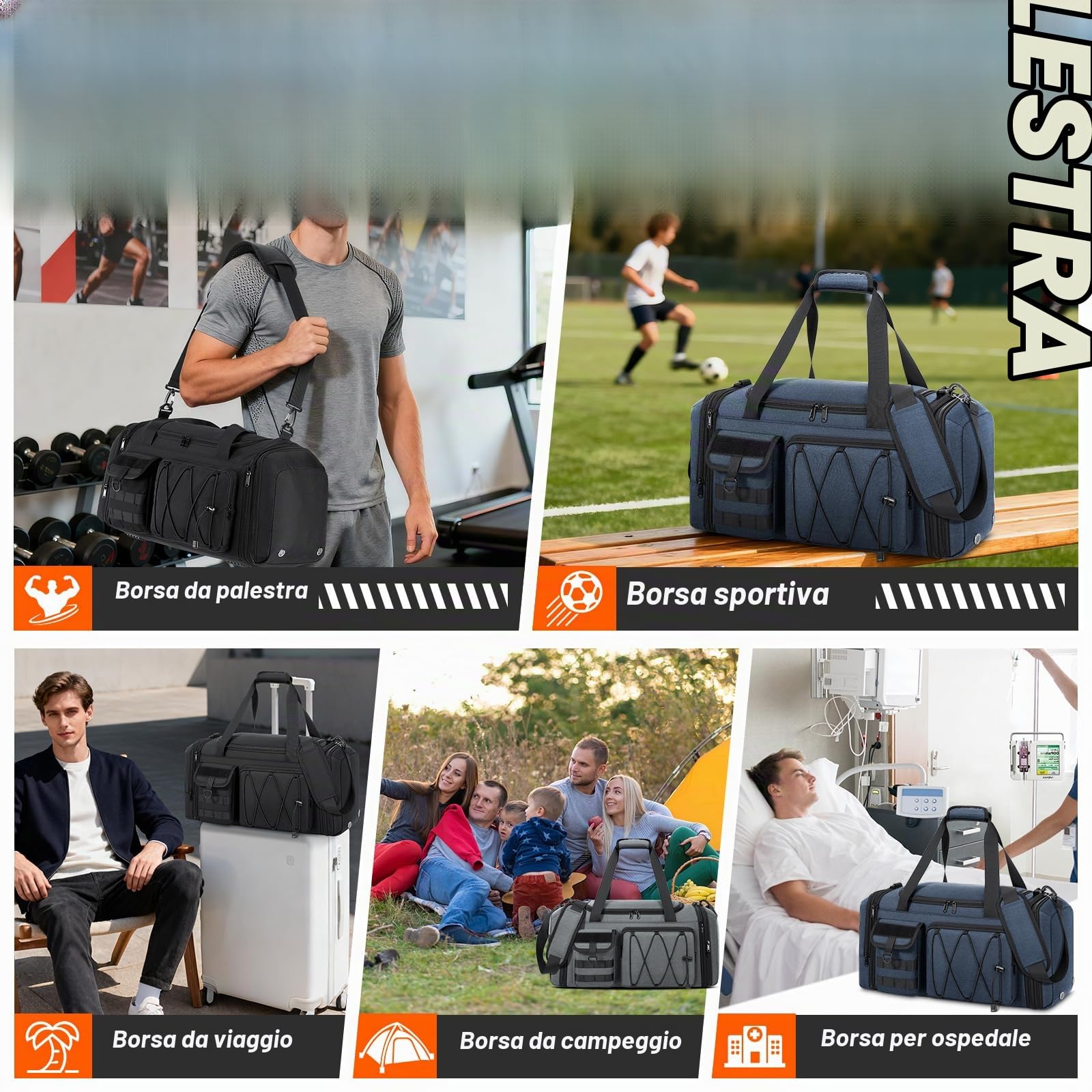 RAINSMORE Borsone Palestra Uomo Donna 40L Impermeabile Borsa Palestra con Scomparto Scarpe e Tasca Umida Espandibile Borsone da Viaggio Per Sport Piscina Fitness Weekend Nero
