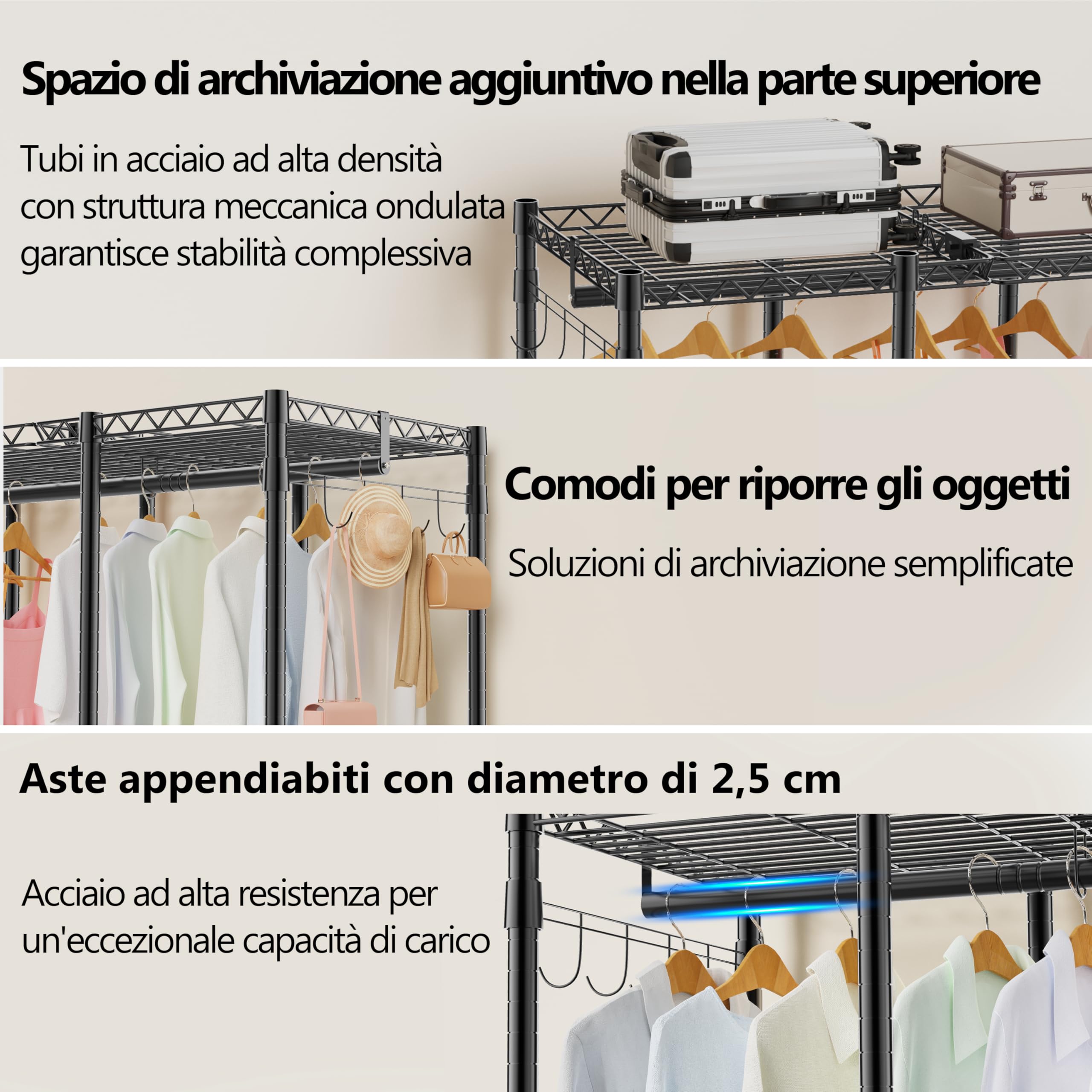 AQRA Stand Appendiabiti in Metallo, Altezza Del Ripiano Regolabile, Grande Capacità Guardaroba, 4 Metodi di Assemblaggio, per Appendere i Vestiti, Riporre i Vestiti, 193,5W×43,5D×195H (Nero)
