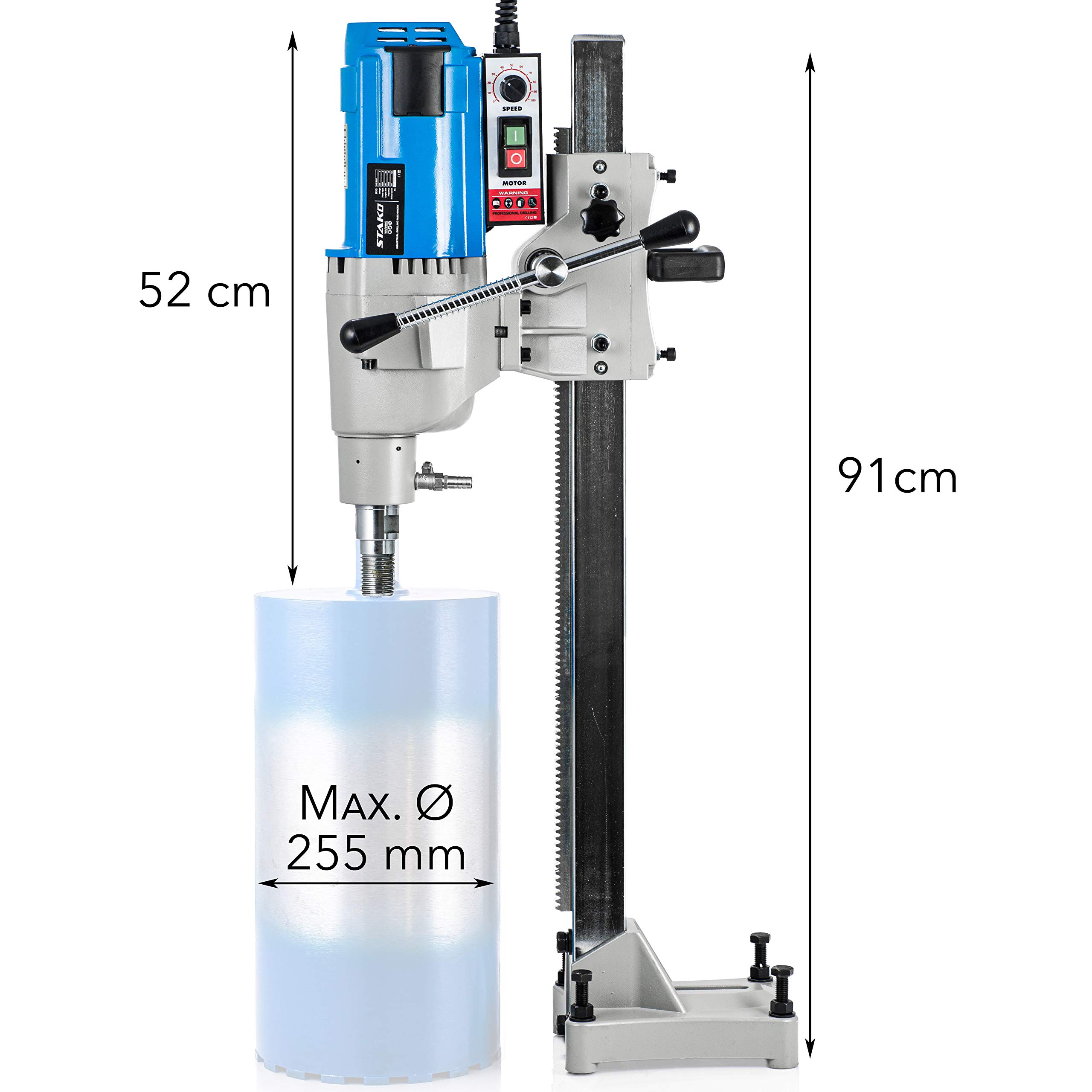 STAKO Professioneller Kernbohrmaschine mit kraftvollem 4250 Motor – mit Kernbohrständer – Bohrdurchmesser Max. Ø 255 mm – Diamant Kernbohrgeräte für beton 0-560 U/min – Kernbohreinheit mit PRCD-Schut