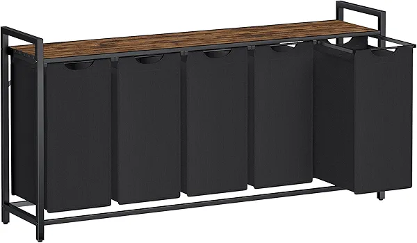 VASAGLE Laundry Hamper, Laundry Basket, Laundry Sorter with 5 Pull-Out and Removable Bags, Shelf, Metal Frame, 5 x 10.6 Gallons (40 L), 56.5 x 13 x 28.4 Inches, Ink Black and Rustic Brown UB