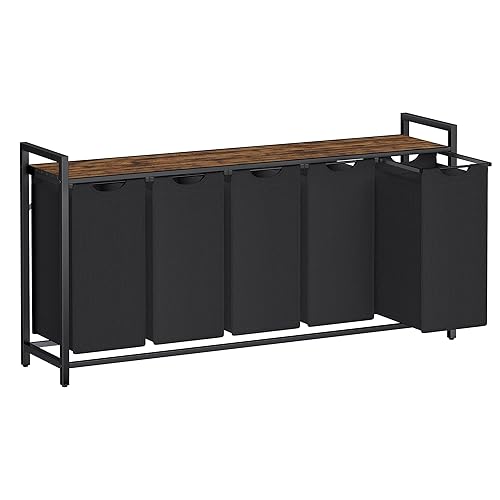 VASAGLE Laundry Hamper, Laundry Basket, Laundry Sorter with 5 Pull-Out and Removable Bags, Shelf, Metal Frame, 5 x 10.6 Gallons (40 L), 56.5 x 13 x 28.4 Inches, Ink Black and Rustic Brown UBLH501B01 - Black + Rustic Brown - 5 Bags - 200 L