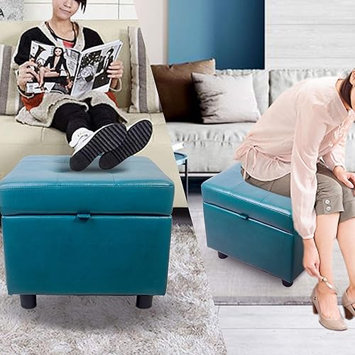 Miniatura 8 de H&B Luxuries Reposapiés cuadrado de cuero capitoné otomano con tapa abatible (azul con almacenamiento)
