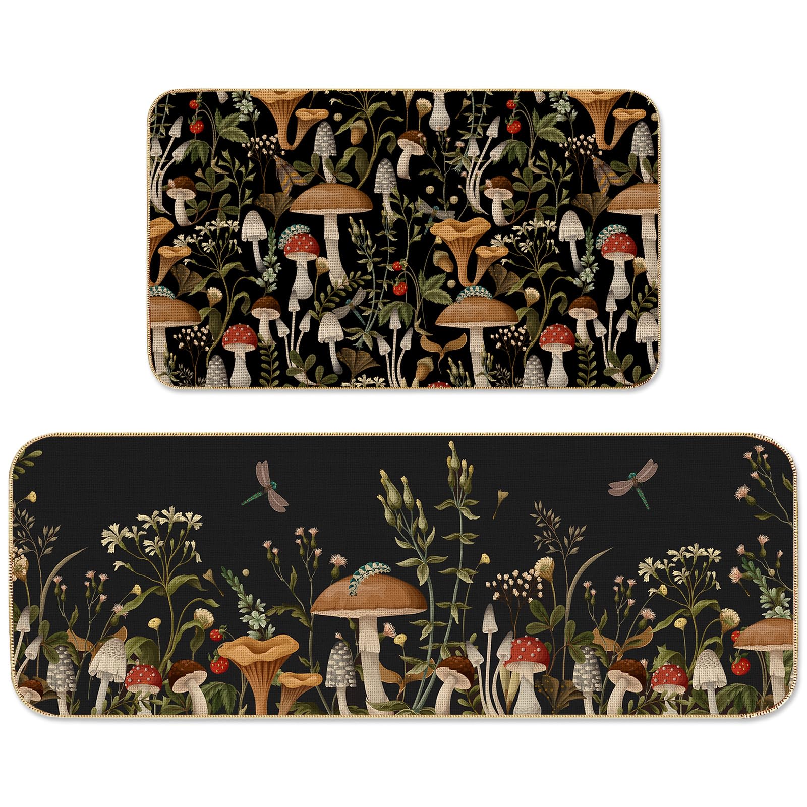 JarThenaAMCS Mushroom Kitchen Mats Vintage Mushroom Non-Slip Floor Mat Forest Plants Decorative Laundry Room Runner Rug for Home Decor, Set of 2, 17 x 29inch, 17 x 47inch