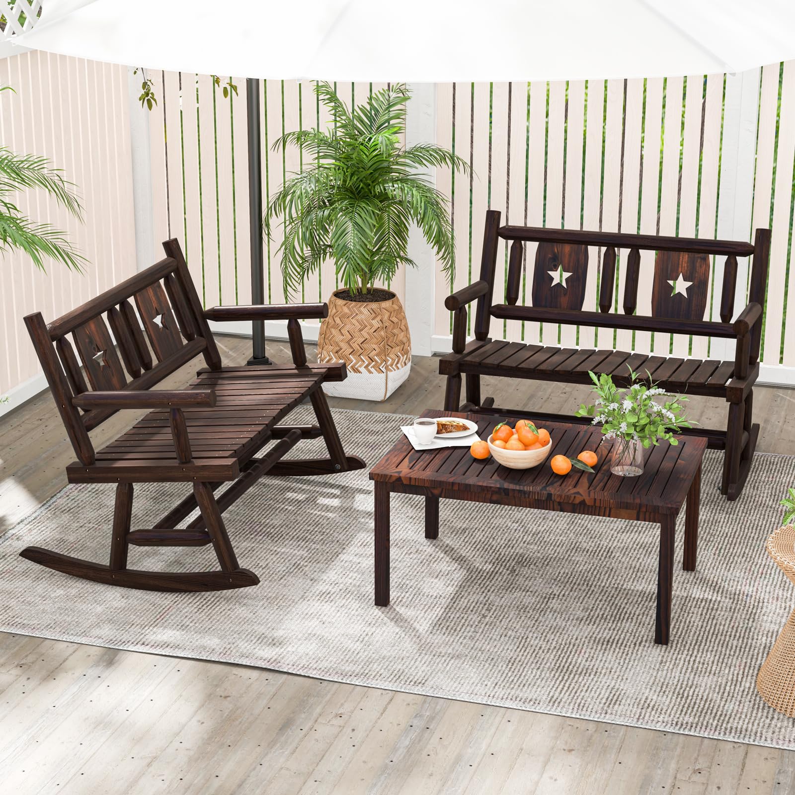 GOPLUS Banco Mecedora Exterior para 2 Personas, Mecedora Doble de Madera Carbonizada con Asiento Curvado, Balanceo de Porche para Jardín, Trasero y Carga 320 kg, Marrón rústico