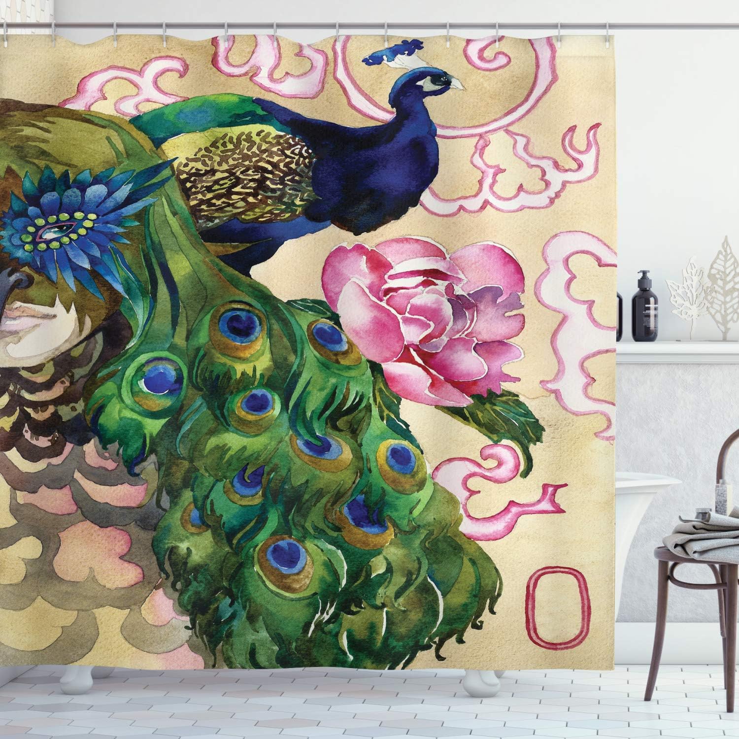 Ambesonne Peacock Shower Curtain, Fantasy Composition with Woman and Peafowl in Watercolor Artwork, Cloth Fabric Bathroom Decor Set with Hooks, 69" W x 75" L, Pink Navy