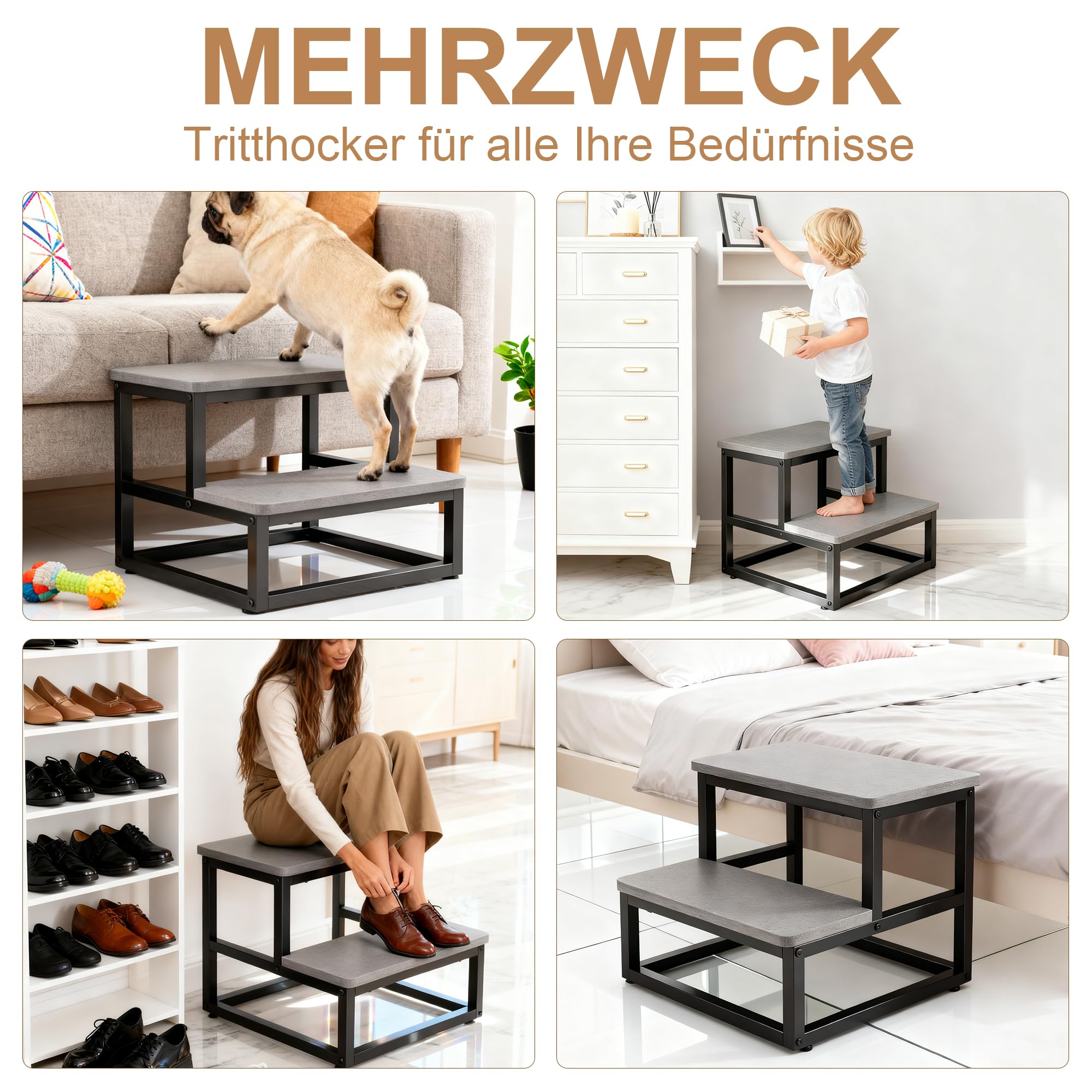 ROTTOGOON Tritthocker 2 Stufen für Erwachsene Kinder, Anti-Rutsch Tritthocker Holz Metallrahmen mit 500lbs Tragkraft Abgerundete Eckendesign Fußbank für Küche Bad Schlafzimmer Wohnwagen (Grau)