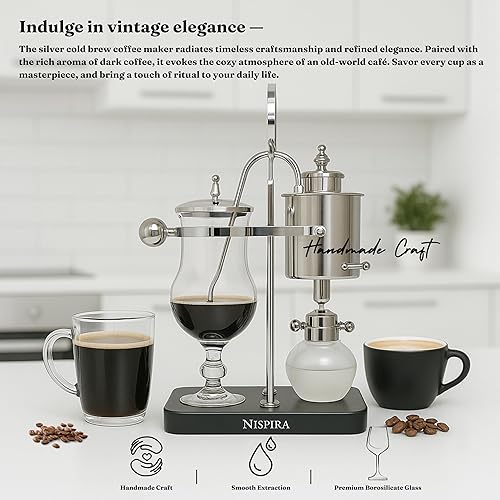 Miniatura 5 de Nispira Cafetera de sifón de sifón belga belga belga con equilibrio familiar real, sistema de preparación al vacío, clásico, retro, lujoso,