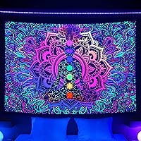 Vista 1 de Uokiuki Blacklight - Tapiz de 7 chakras reactivo a los rayos UV, tapiz de mano Hamsa, mandala bohemio, tapiz de luz negra, tapiz para colgar