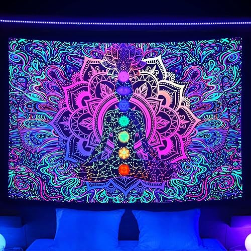 Uokiuki Blacklight - Tapiz de 7 chakras reactivo a los rayos UV, tapiz de mano Hamsa, mandala bohemio, tapiz de luz negra, tapiz para colgar en la