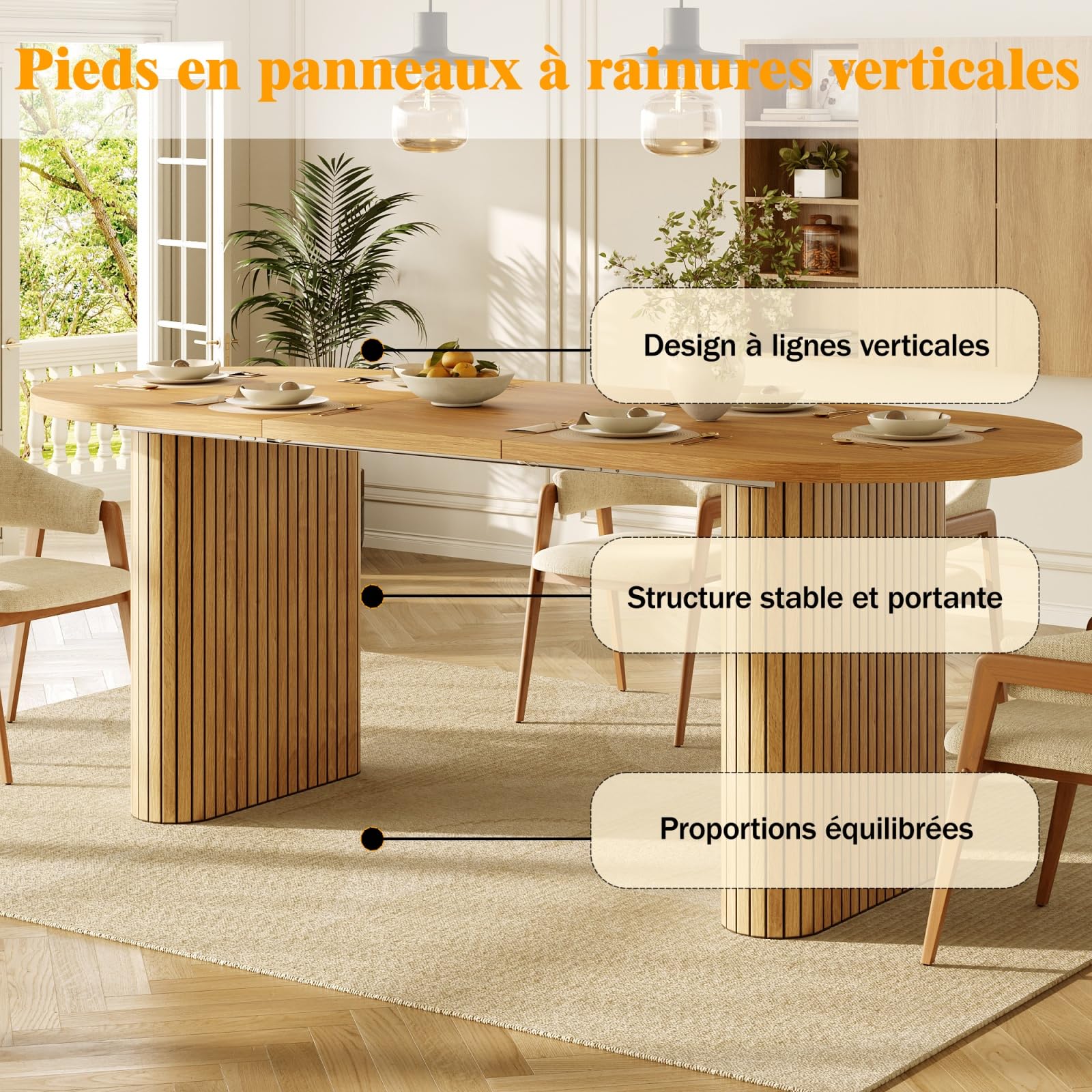 YEHTOKHOME Table à Manger Ovale Extensible 120-160cm, avec Pieds Elliptiques, Table de Cuisine avec Plateau en MDF, Coins Arrondis, Style Ferme Moderne, pour 4 à 6 Personnes (Chêne-2)