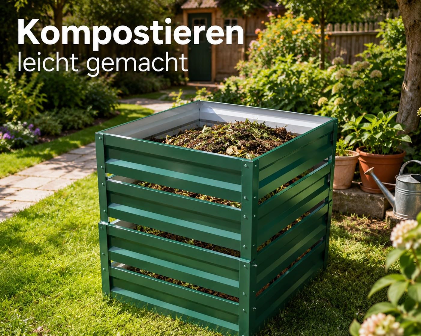 Botanic Gartenkomposter 1000L aus Metall, Verzinkter Komposter XXL 100x100x100 cm, Wetterfest & Rostfrei, Schnellkomposter für Gartenabfälle, Bioabfall & Laub, Einfacher Aufbau, Grün