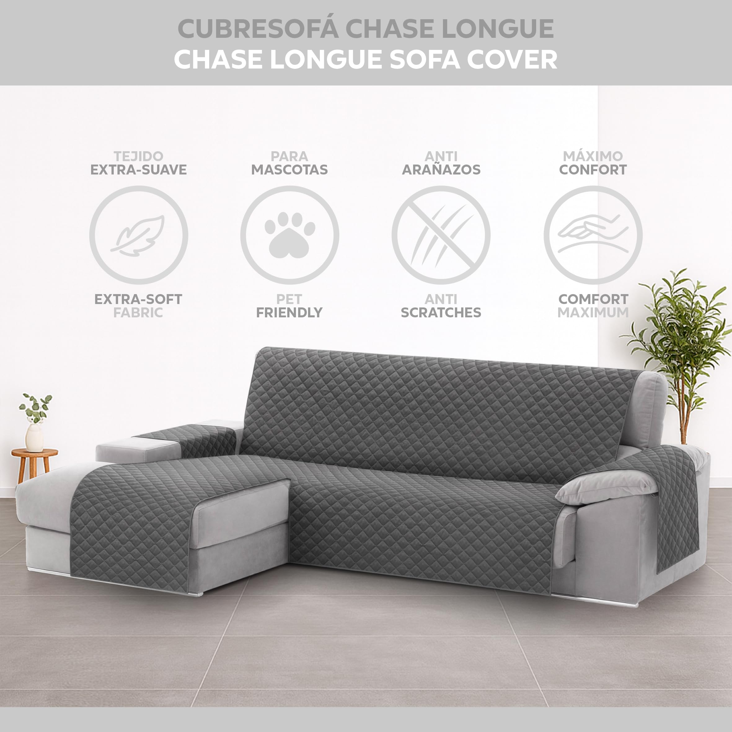Textilhome Copridivano Chaise Longue con Penisola Malu 240cm – Salvadivano Trapuntato Universale con Bracciolo Sinistro, Protezione per Animali Domestici, Colore Grey (Visto da Davanti)