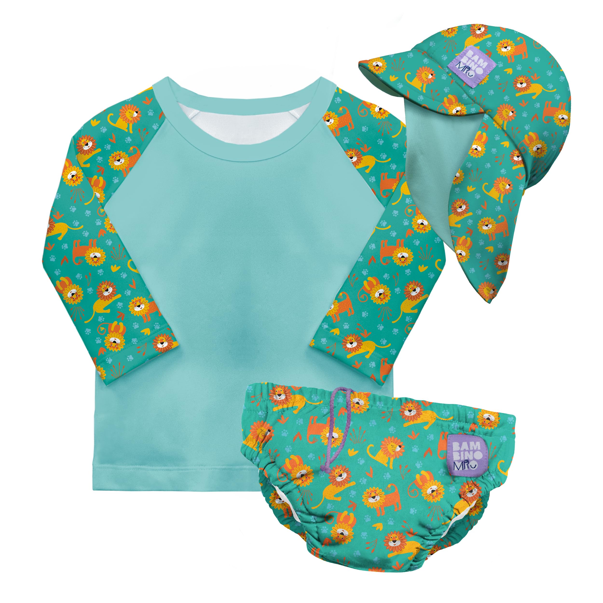 Bambino Mio UPF 40+ Reusable Swim Nappy Set (Age 0-6 Months) Cool Cats | Includes, Swim Nappy Pant, Swim Rash Vest Top & Swim Hat for Baby and Toddler