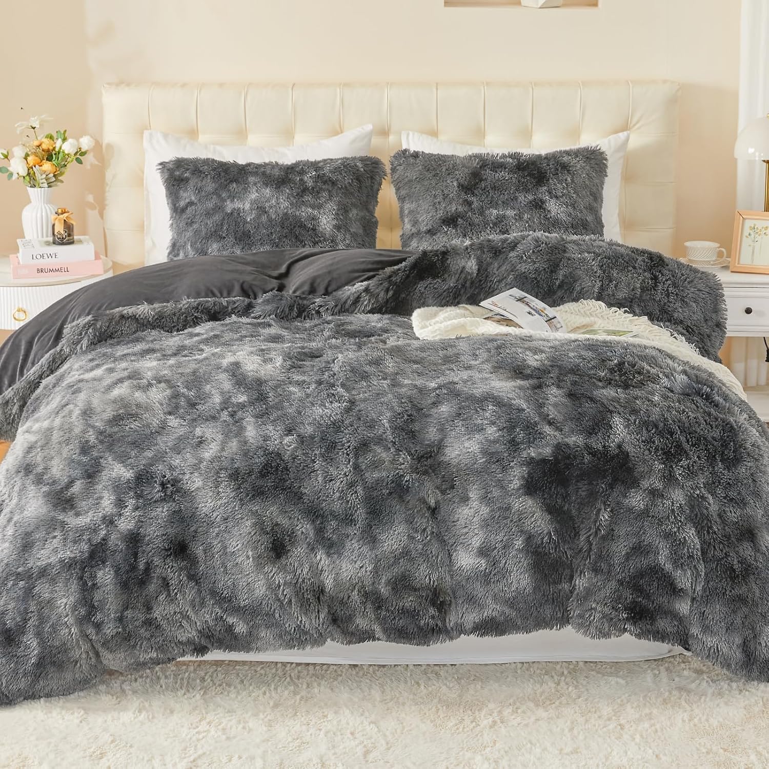Emme Ensemble de literie en peluche 200x200cm - Housse de couette moelleuse en biber pour lit Shaggy et ensemble de literie en peluche douce - Draps et 2 taies d'oreiller 80x80cm, Tie Dye gris foncé
