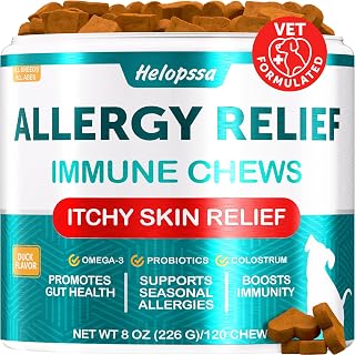 Dog Allergy Chews - Dog Allergy Relief Supplement w/Colostrum, Probiotics - Paw Licking, Itching, Seasonal Changes, Coat - Yeast‑Free for Sensitive Pups - Higher Salmon Oil Levels- 120 Soft Treats