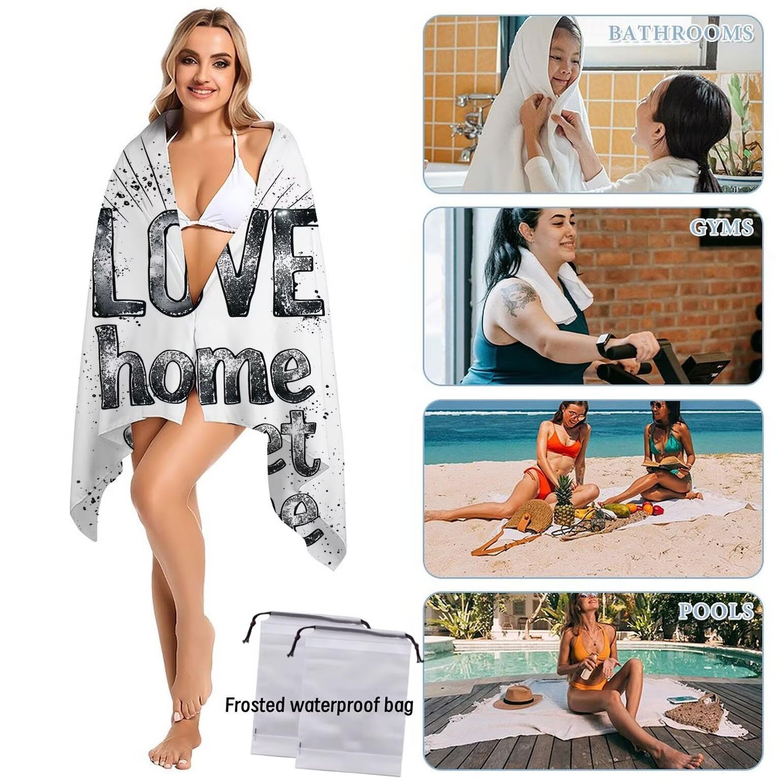 Strandtuch XXL 2er Set 80 x 160 cm, Groß Schnelltrocknendes Mikrofaser Handtuch, Sandfrei Badetuch, Summer Must Haves, für Damen Herren Reise Urlaub Schwimmen Sauna, mit Tasche (Liebe) B-876
