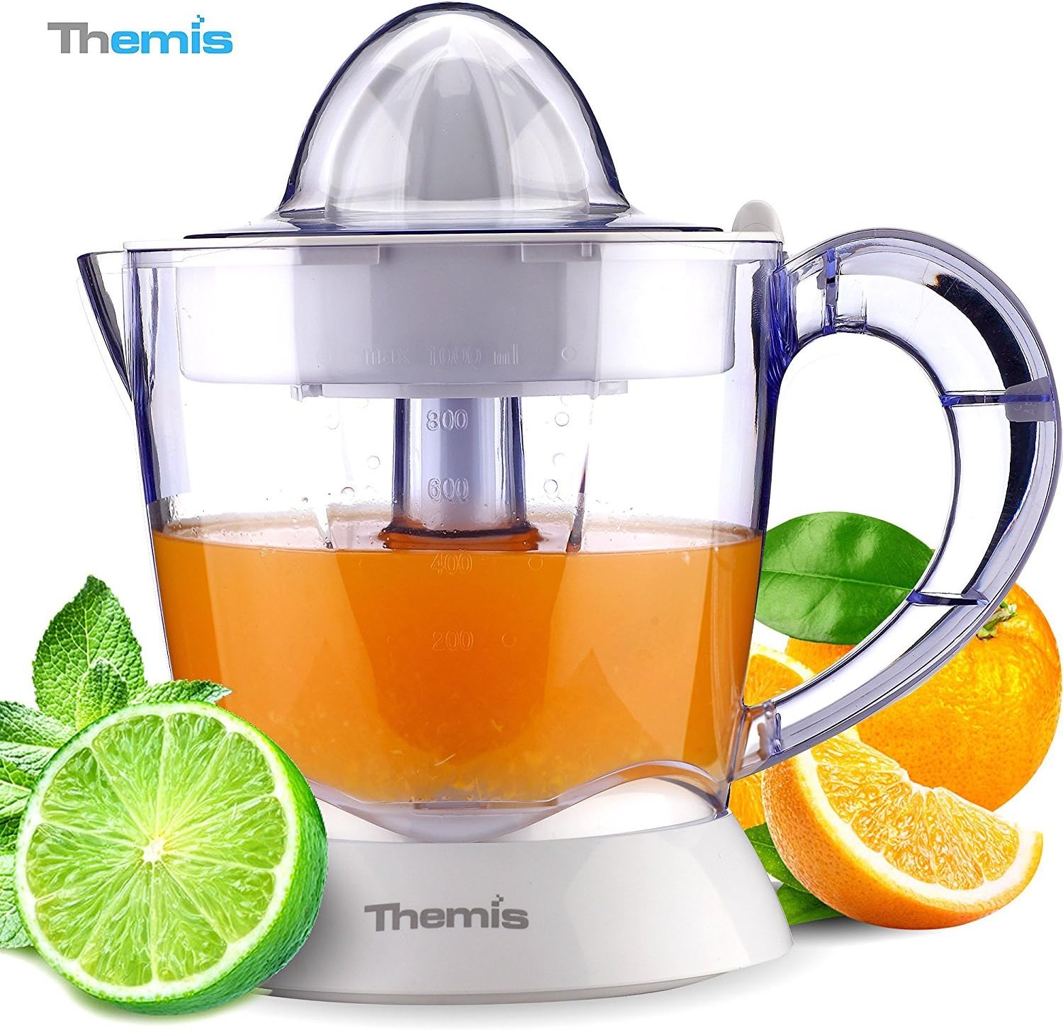 THEMIS CJ3321 Powerful 1 Liter 34-Ounce Whisper-Quiet Citrus Juicer, Adjustable Pulp Control, 2 Size Juicing Cones, Auto Reversing Reamer, Electric Orange Juicer, Juice Extractor, White