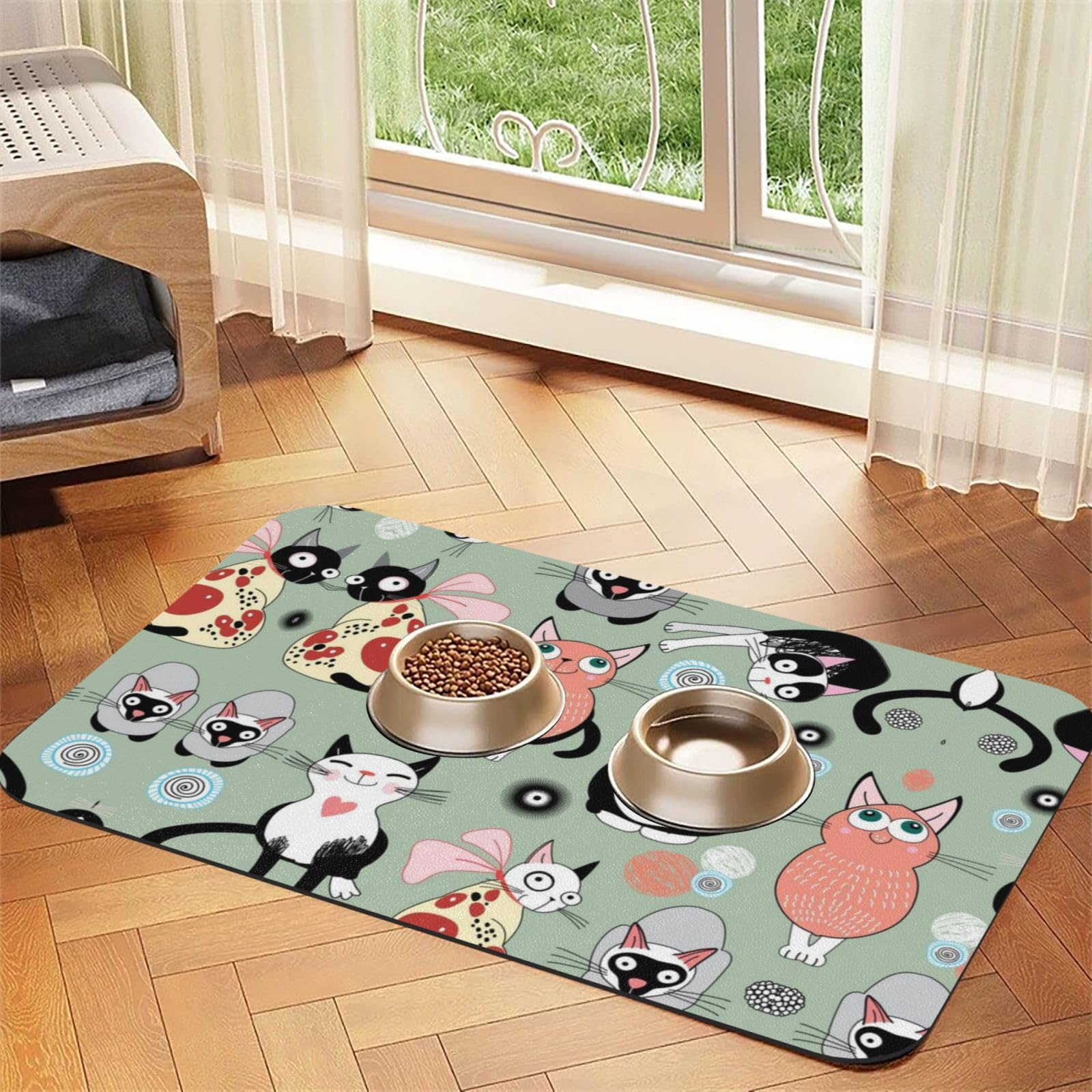 Niedliche Cartoon-Katzen-bedruckte Futternapf-Matten, rutschfeste und geschmacksneutrale Futtermatten für Hunde und Katzen