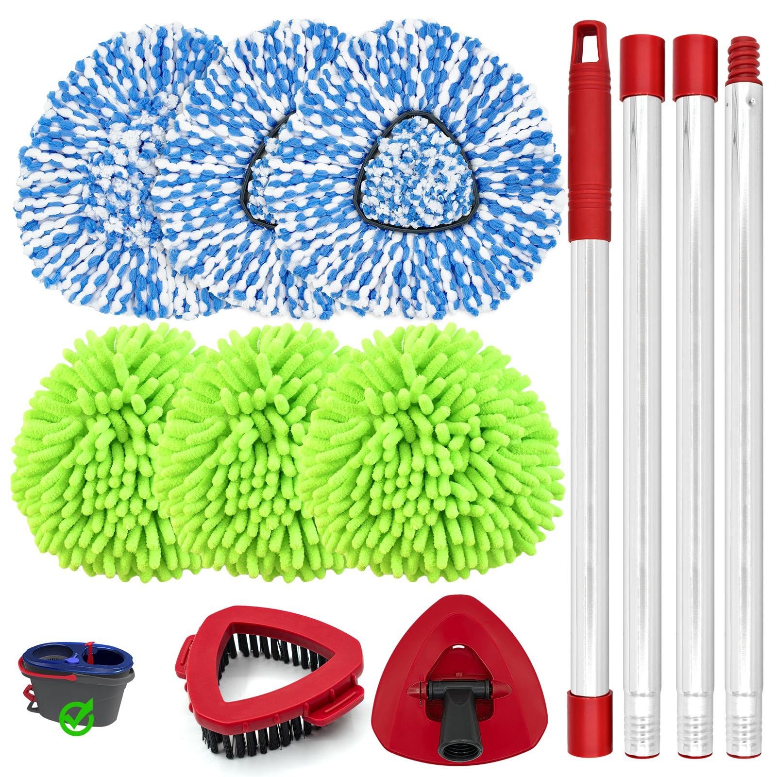 Photo 1 of Hezane Mop Heads for O Cedar RinseClean 2 Tank Spin Mop System, 3 Microfiber Mop Head Refills and 3 Chenille Mop Pads,1 Scrub Brush, and 1 Mop Base with Mop Handle Set Combo