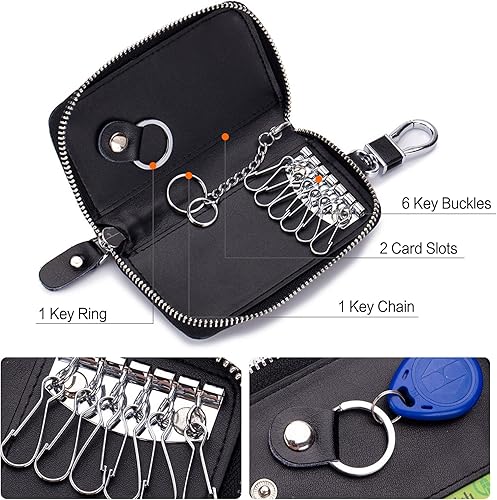 Miniatura 2 de PORRASSO Funda de cuero genuino para llaves de coche, bolsa para llaves, portatarjetas portátil, Marrón