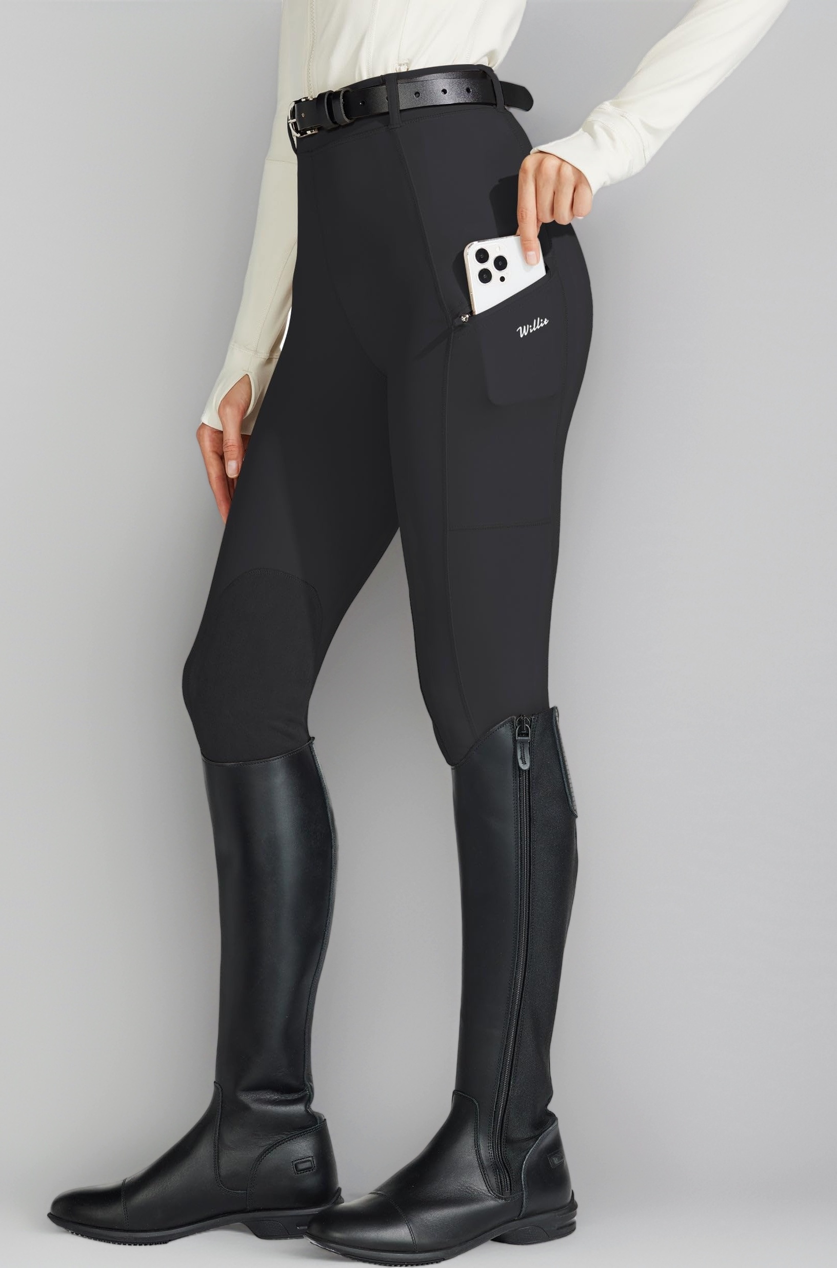 Women's Riding Tights Knee-Patch Breeches Equestrian Horse Riding Pants Schooling Tights Zipper Pockets