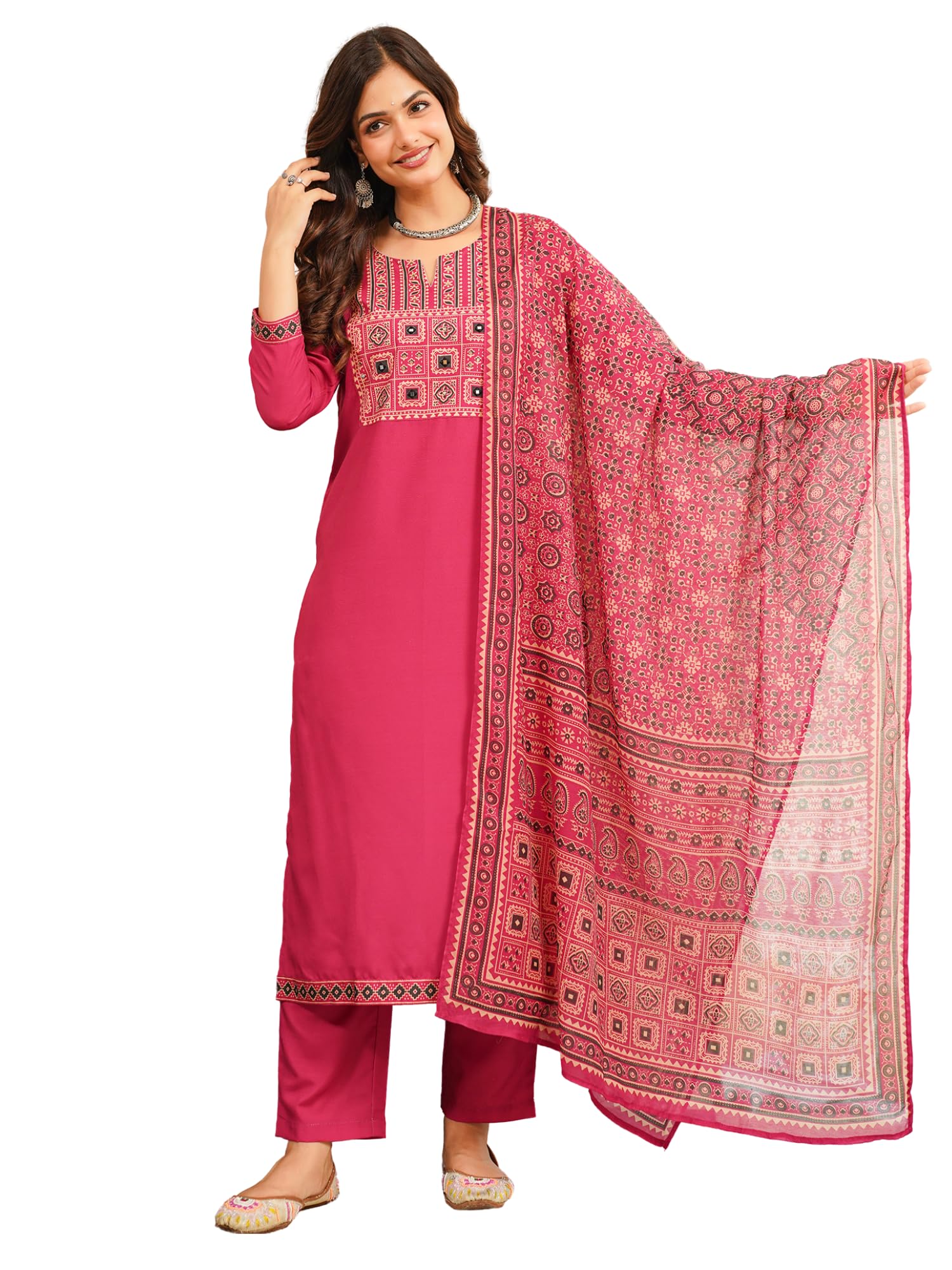 Women's Pink Rayon Blend Printed Straight Ethnic Motifs Kurta Trousers With Dupatta Set | Daily Straight Kurta Set For Women | Ethnic Motifs Salwar Suit For Women-image-10