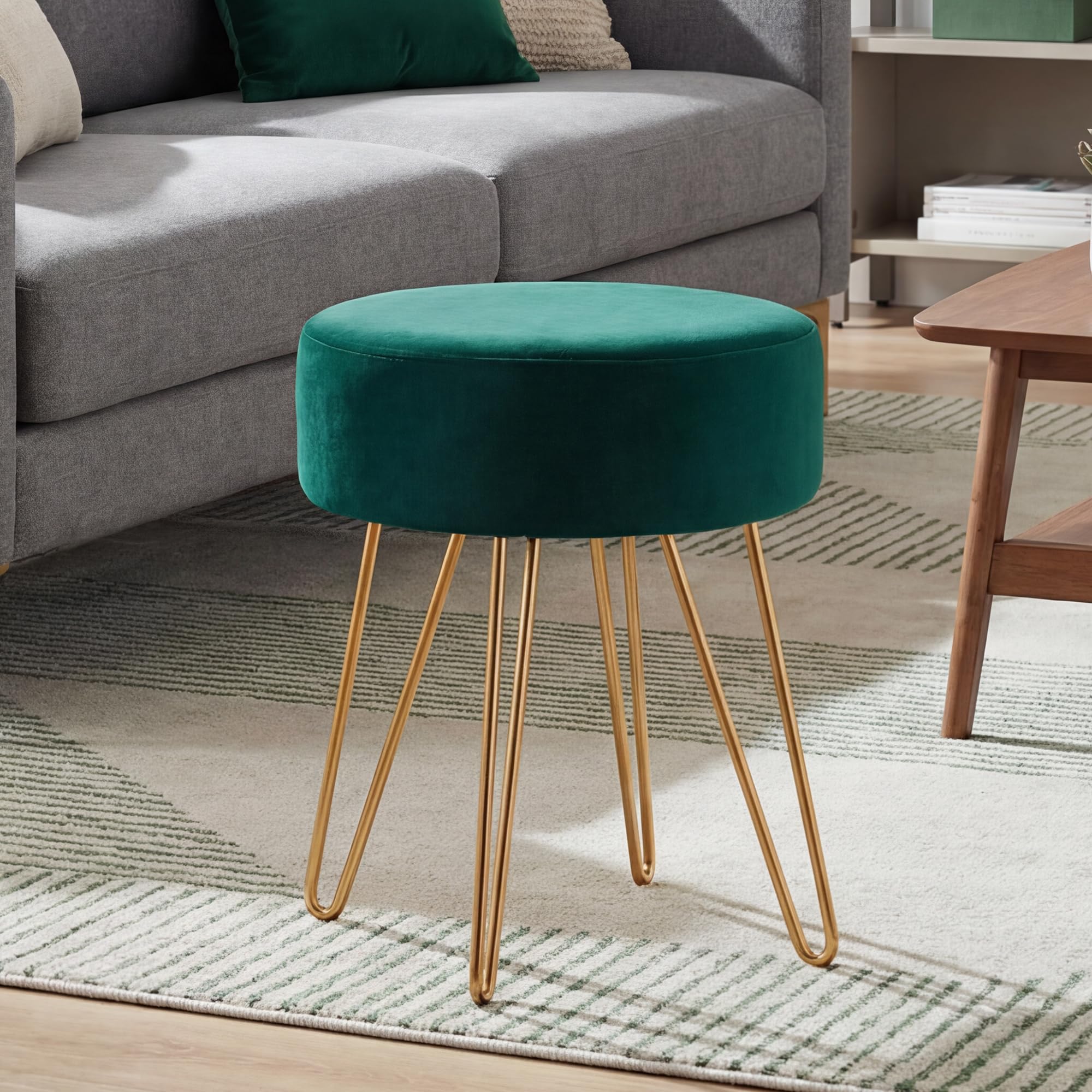 DUHOME Tabouret Ottomande en Velvet Chaise Coiffeuse Ronde avec Pieds Métalliques Pouf pour Salon Chambre, Vert Foncé