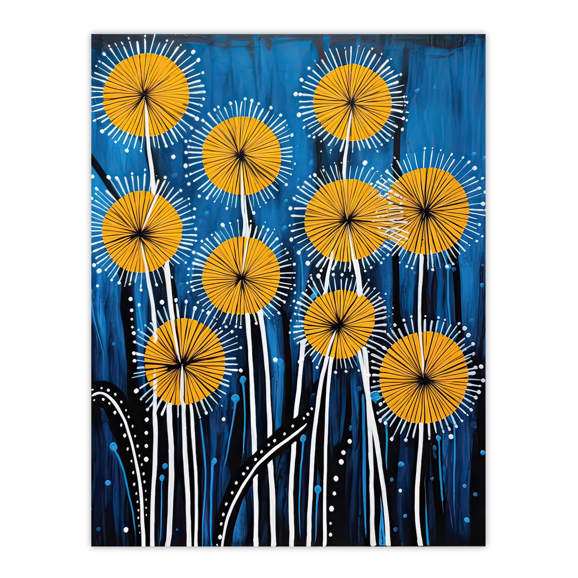Artery8 Dandelion Flower Seeds Gond Style Painting Blue Yellow Abstract Summer Meadow Patterns Large Wall Art Poster Print Thick Paper 18X24 Inch