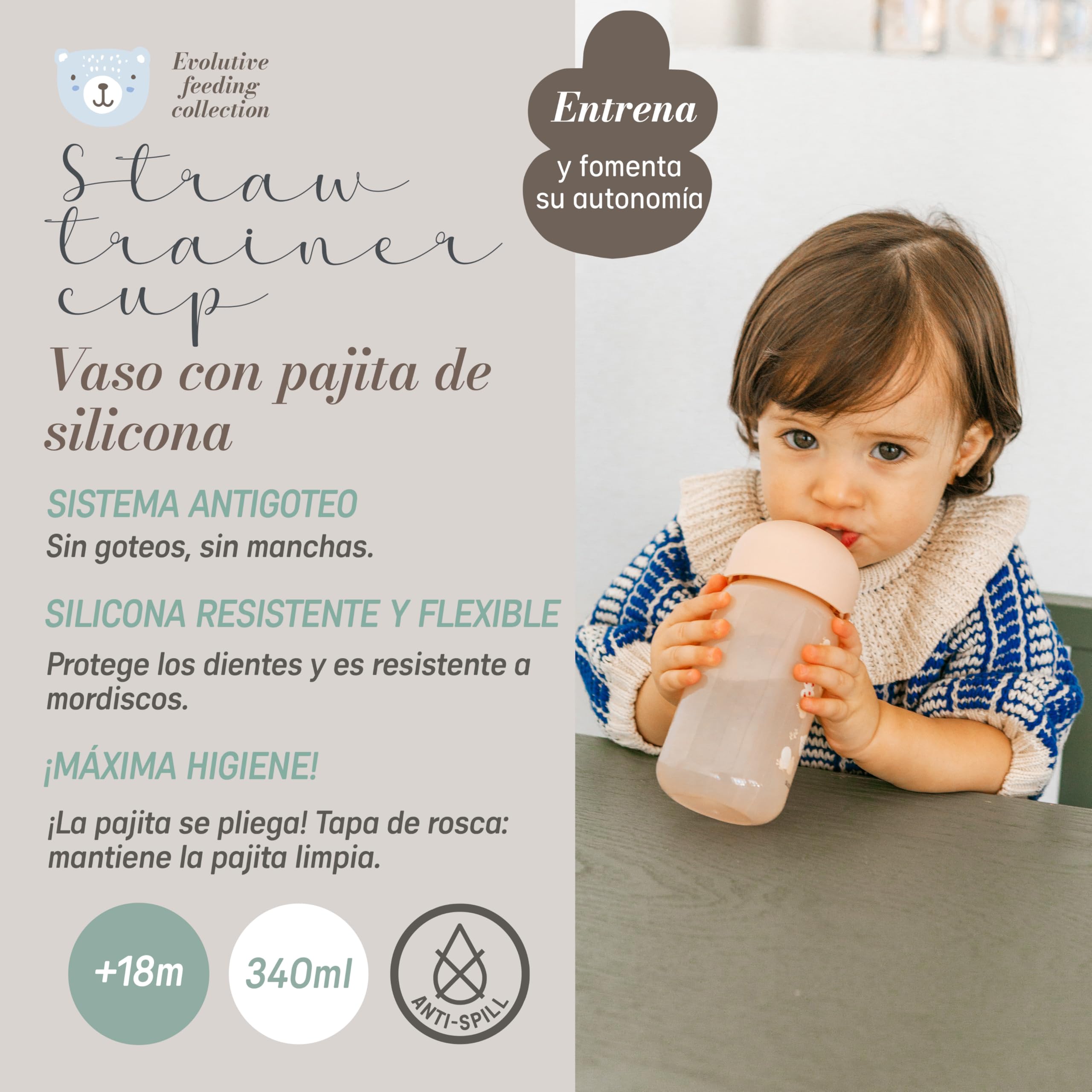 Suavinex, Bicchiere Evolutivo per Neonati+18 Mesi, Bicchiere con Cannuccia in Silicone Morbido e Flessibile, con Sistema Anti-fuoriuscita e Anti-gocciolamento, con Coperchio, 340 ml, Wild&Free Azzurro