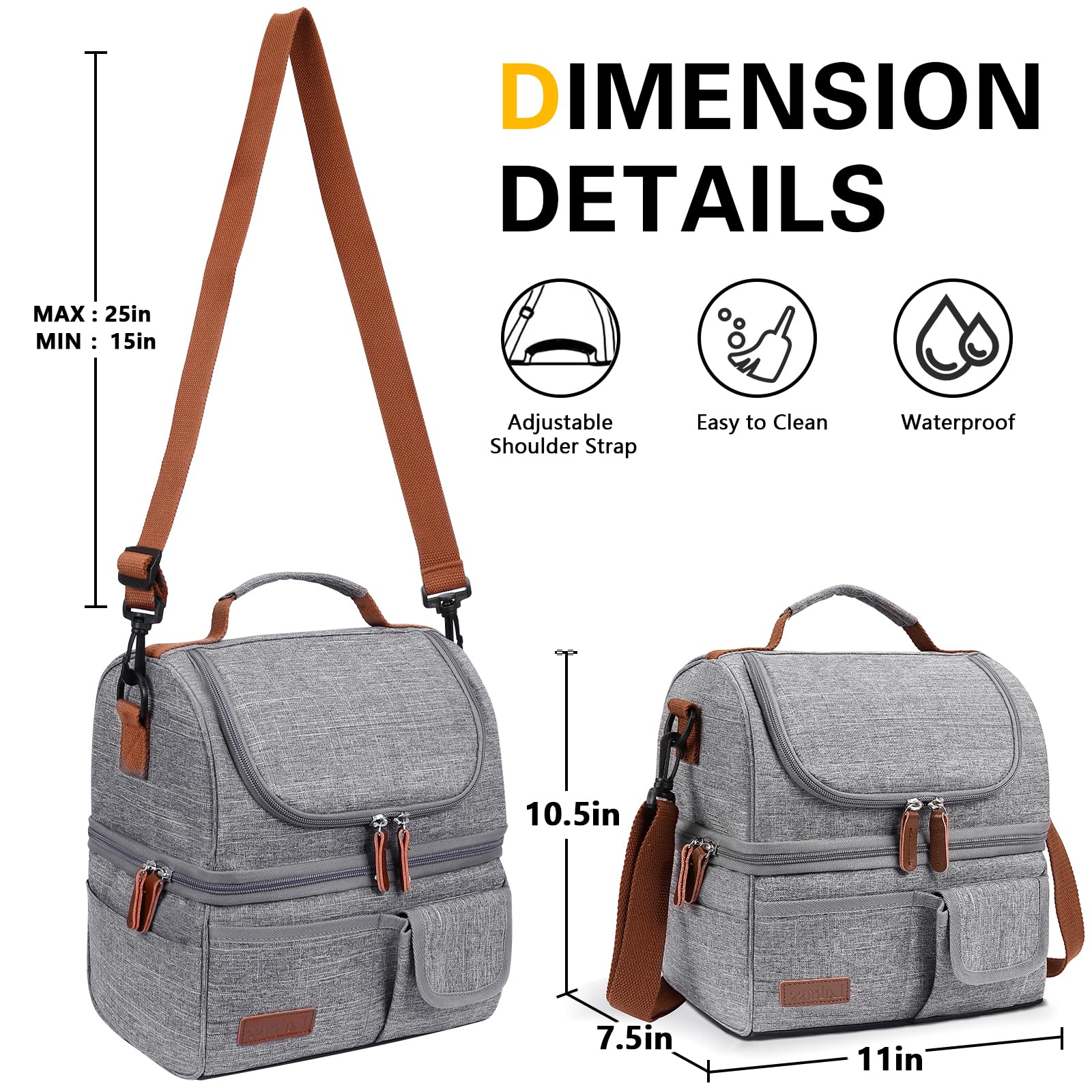 LOKASS Sac à Lunch Sac Repas Isotherme À deux étages Fourre-Tout Lunch Bag Portable Glaciere Grand ouvert Thermique Repas Préparation Sac pour Pique-Nique/Travail/École/Femmes/Homm/Extérieur,Gris