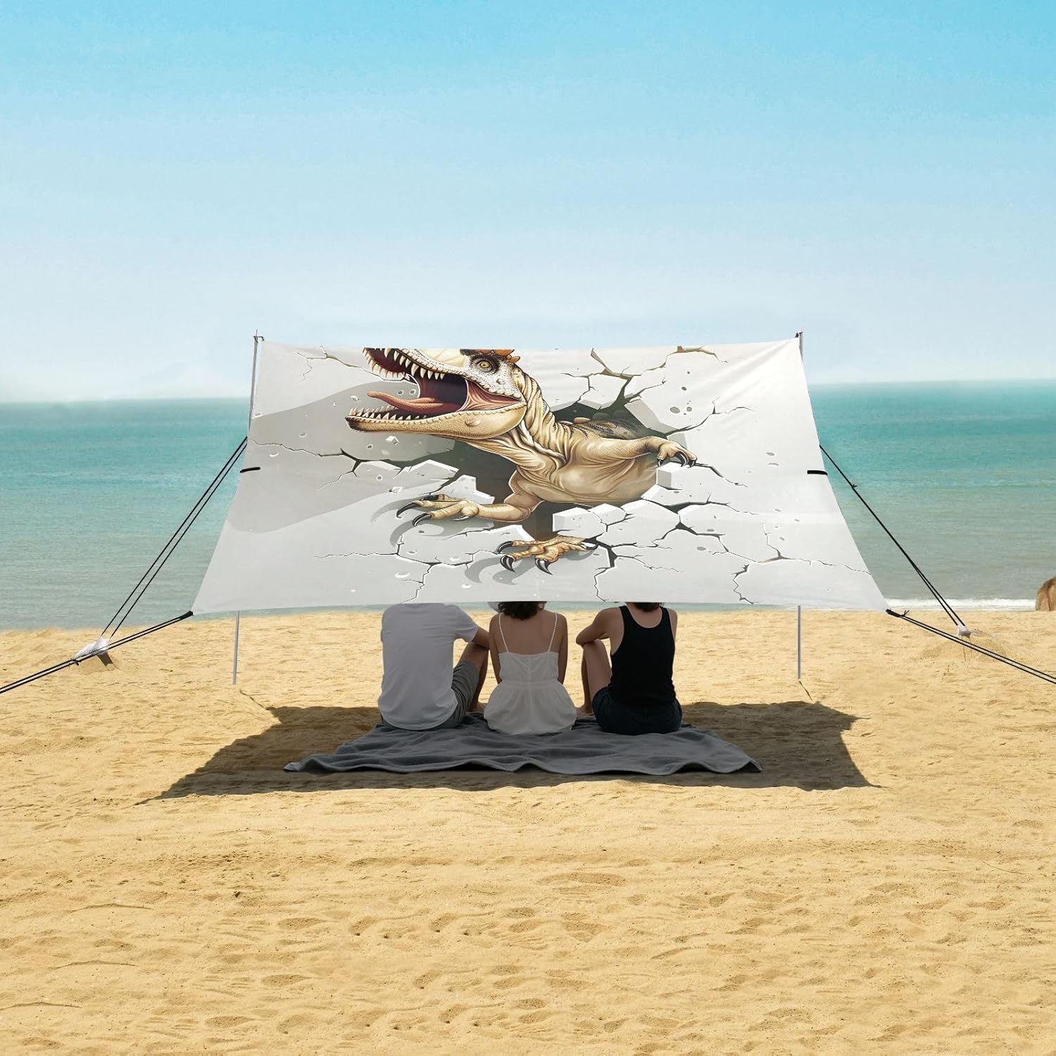 ALAZA Dinosaur T-rex Breaking Beach Tent Sun Shelter UPF50+ Protection Beach Shade Canopy w/ 4 Sandbags for Outdoor Camping, Fishing, Backyard Fun, Picnic, 10x9 ft