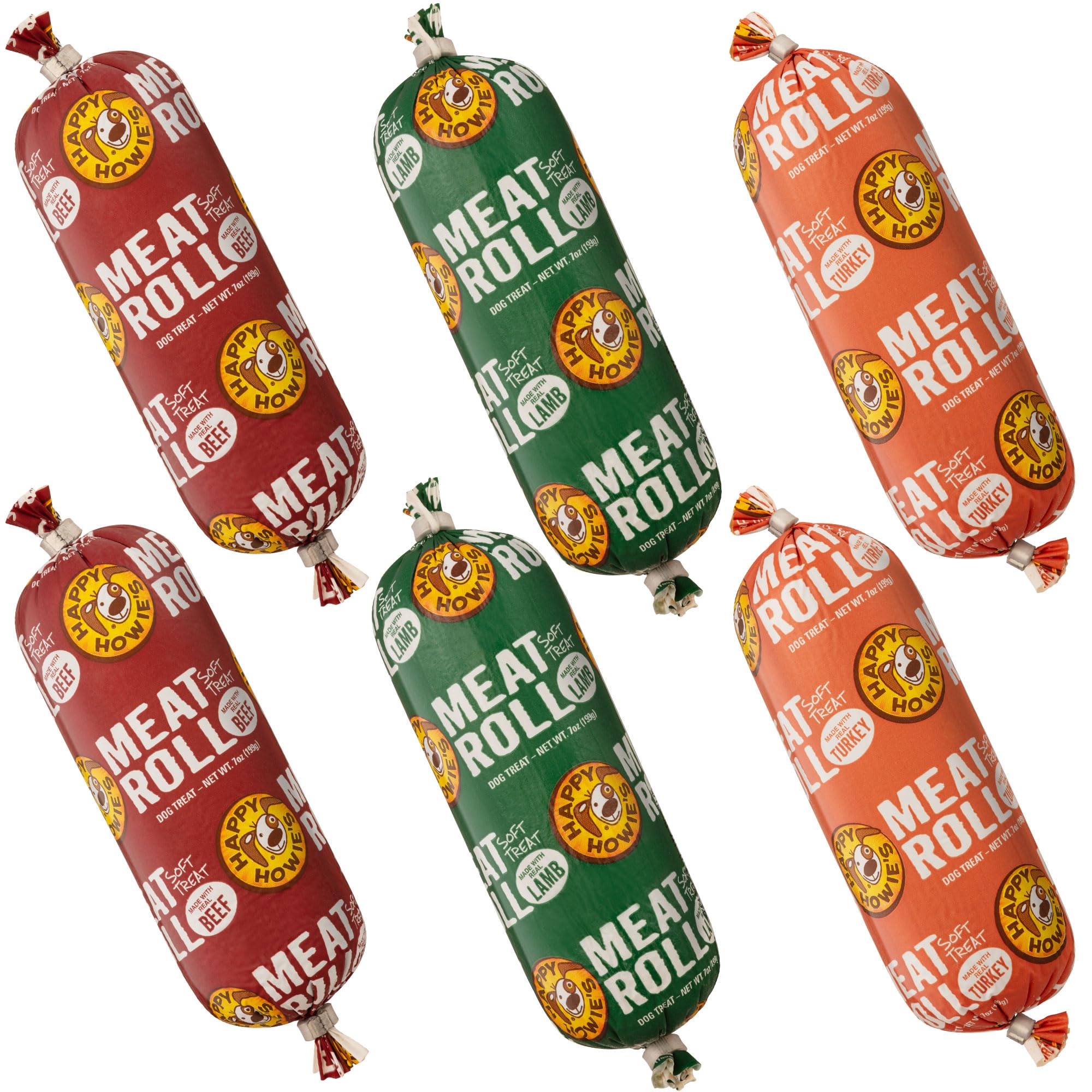 Happy Howie's Soft Meat Roll Treat - Soft Dog Food Rolls, Natural Ingredients, for All Dogs, Made in USA - Beef, Lamb, Turkey, 7 Oz (Pack of 6)