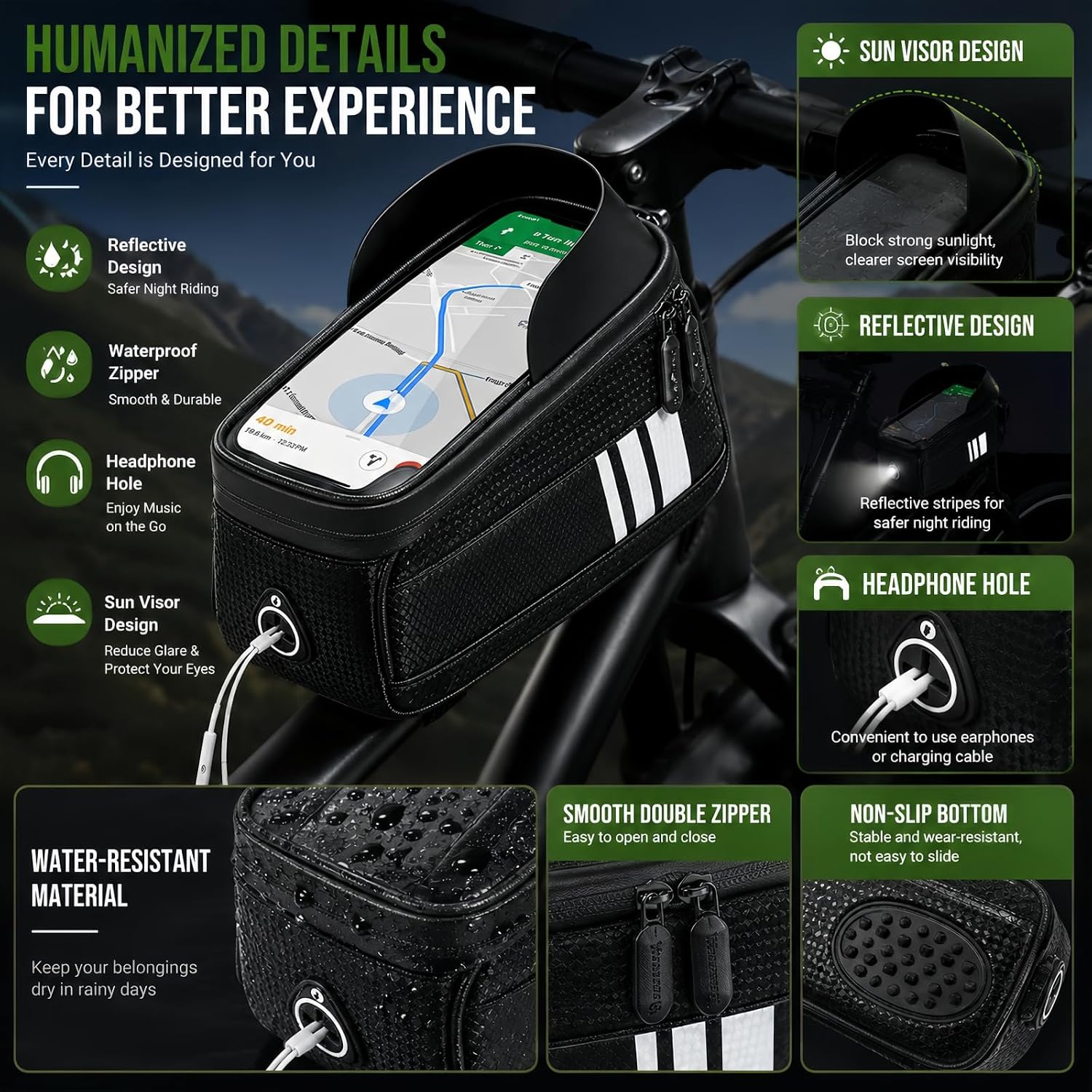 Bike Frame Bag Waterproof, 2L Large Capacity Phone Holder for Phones 7.2" | EVA Hard Shell, Bicycle Top Tube Front Frame Bag with Rain Cover, Bike Storage Bags Cycling Accessories Black