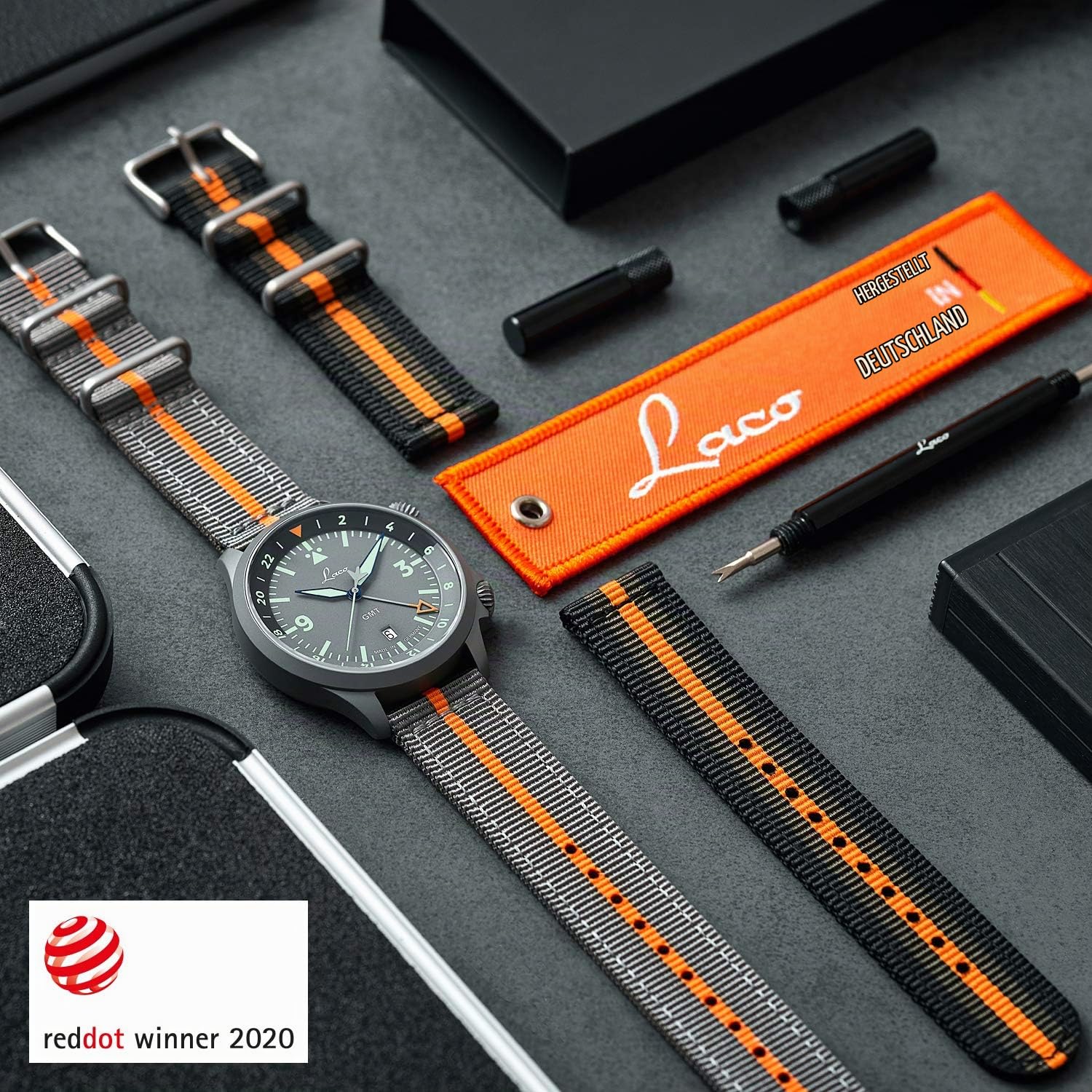 Laco Sondermodell Fliegeruhr Frankfurt GMT Grau Made in Germany – 43 mm Ø hochwertige Automatikuhr – Einzigartige Qualität. Herausragende Verarbeitung – 20 ATM wasserdicht – seit 1925