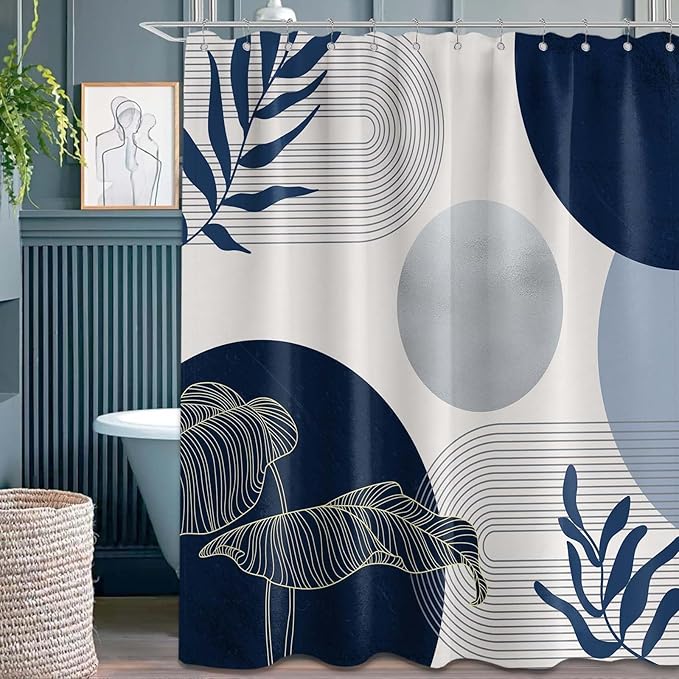 Navy Blue and White Shower Curtain Mid Century Modern Dark Blue